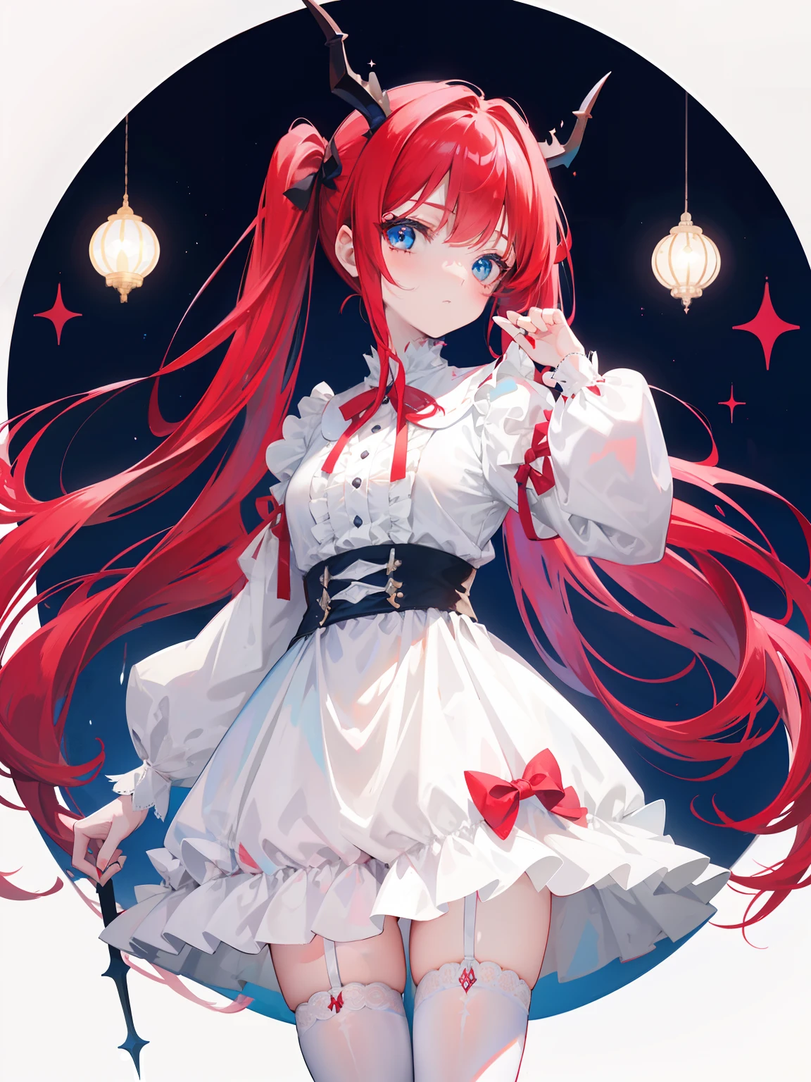 red hair,blue eyes,twintails, long hair, long sleeves, gothic, solo, loli,Short skirt, white stockings,{{best quality}}, {{masterpiece}}, {{ultra-detailed}}, {illustration}, {detailed light}, {an extremely delicate and beautiful}, girl,cute,dragon horns