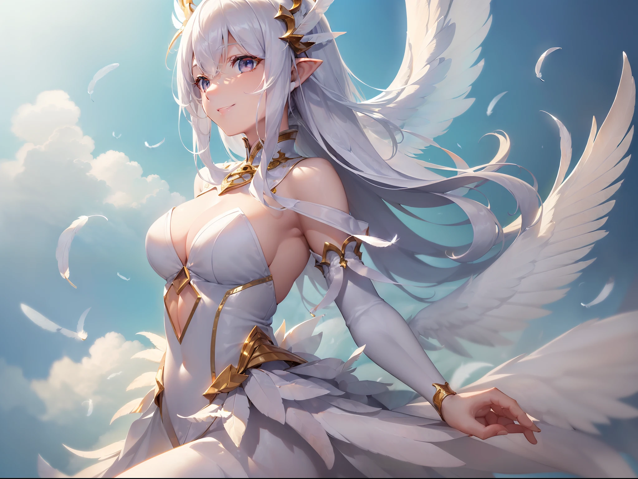 ((Finest quality)),(超A high resolution),(ultra-detailliert),((Best Anime)),sharpnes,vivid:1.1,Fantasy art with astounding depictions,God Raining Down々Shikai, (((1人の女性),angelicales,A slight smil,Pure white feathers,Pure white costume,ornament detached),float:1.5,full body seen:1.7), Clouds in the sunlight