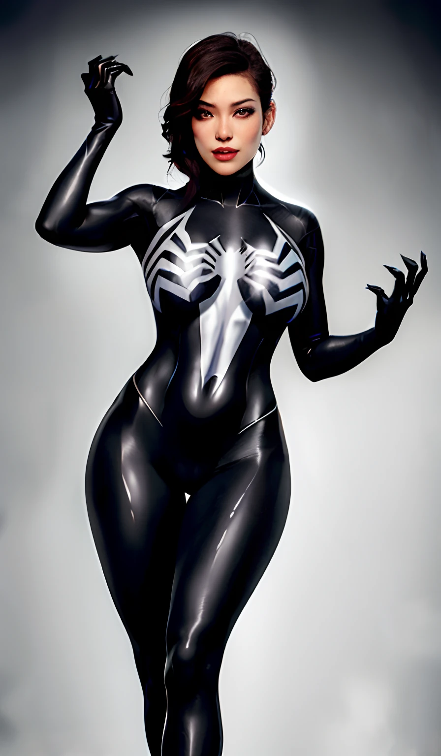 4K，realisticlying，Glamorous，The is very detailed，There is a girl in Dingcheng，Wearing a black Spider-Man costume，（Black and white：1.4） the night,symbiote，venomize，a large amount of mucus,she is a spiderman，Black superhero theme，In front of the sky，Flushed complexion，( Open legs， camel-toe，Vulvar shape：1.3）(GGCameltoe:1.3)Legs apart，25 age old，full bodyesbian