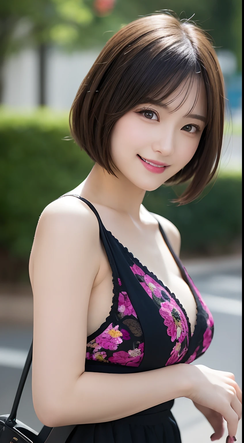 masutepiece, Best Quality, Illustration, Ultra-detailed, finely detail, hight resolution, 8K Wallpaper, Perfect dynamic composition, Beautiful detailed eyes, Women's Fashion Summer,Short bob hair,Small breasts natural color lip, Bold sexy poses,Smile,Harajuku、20 years girl、Cute、Sexy shot looking at camera