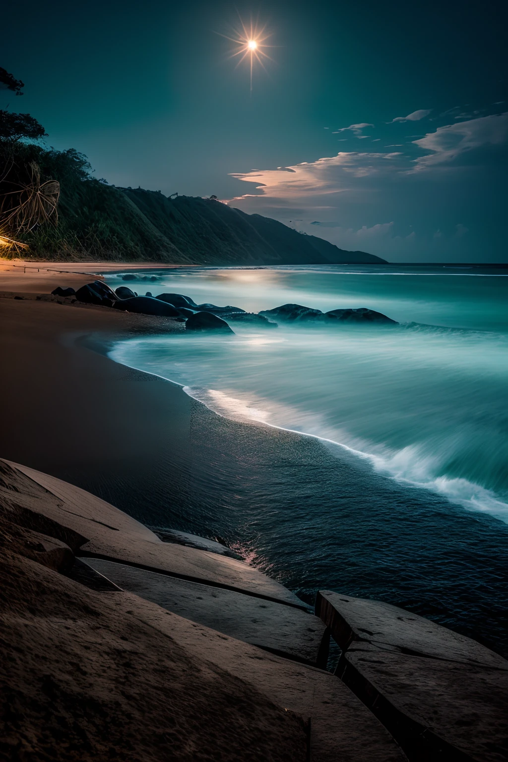 Coastal moonlight landscape, photography of Indonesia, inspired by the style of Ken Duncan well known as the pioneer of landscape, in making use of dodging and burning to edit a landscape image.