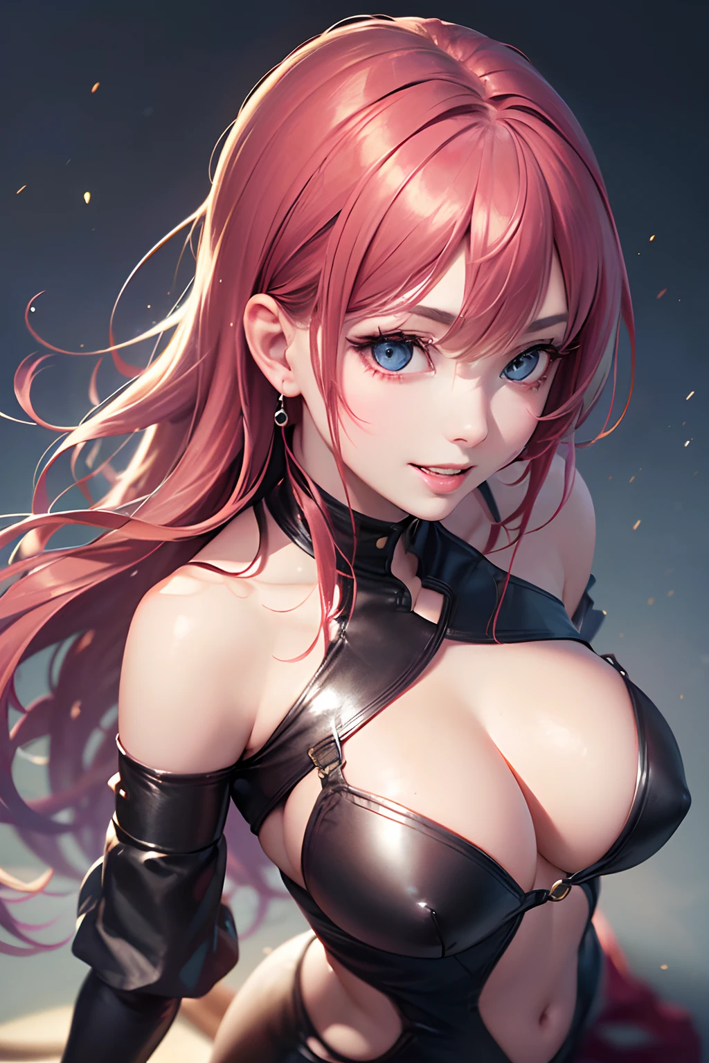 Very beautiful cute girl, A beautiful woman with perfect body:1.4, Slim abdomen:1.2, Highly detailed facial and skin texture, Detailed eyes, Realistic eyes, Beautiful detailed eyes, (Realistic skin), Attractive, 超A high resolution, A hyper-realistic, Highly detailed, Golden ratio, (detaled face:1.2), Looking, Smile, ((From high-angle shots)), (tongue out and mouth open),((16k,Raw photography,top-quality,hight resolution,Ray tracing,PBR Texture,Post-processing,masutepiece:1.4)),(((Red Bondage , Cute Japan anime girl,魔法少女まどか☆マギカは,Kyoko Sakura,long wavy red hair,Emphasize cleavage,bare hand,Thin leg,blue eyess,Represent your fingers accurately, showing her teeth and smiling,Limbs are2Honzutsu,)))(finerly detailed face:1.5),(masterpiece:1.6),(top-quality:1.6), Beautiful fine skin,(cute little:1.4),(Complex fishnet stockings),pin heels,Leather luster 3.0,Beautiful skin,(Red BDSM figure,Red leather bondage),((tthin eyebrows,long eyelashes,smil,二重まぶた,Detailed eyes, Realistic eyes, Beautiful detailed eyes)),No title required,Do not wear anything on your shoulders,I look awkward, From above,Staring from the front,Create beautiful light effects on the background、Light Particle Filter,