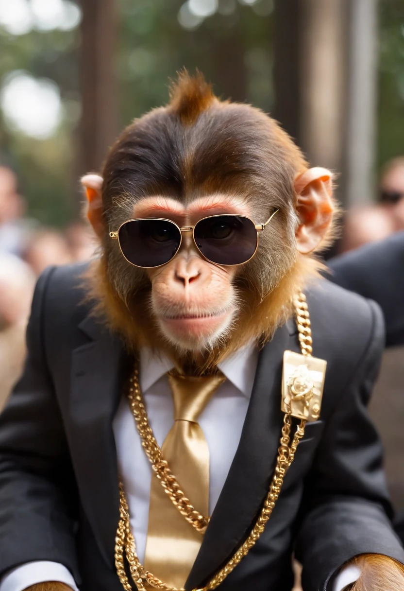 soft brown color monkey with black sunglasses, black suit and tie, golden chain, golden necklace, bracelet, boss monkey, rich monkey, hollywood monkey, celebrity monkey