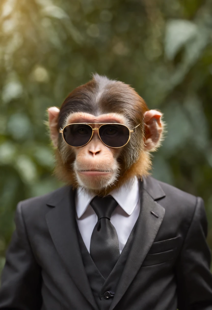 soft brown color monkey with black sunglasses, black suit and tie, golden chain, golden necklace, bracelet, boss monkey, rich monkey, hollywood monkey, celebrity monkey