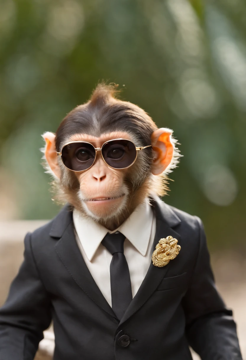 soft brown color monkey with black sunglasses, black suit and tie, golden chain, golden necklace, bracelet, boss monkey, rich monkey, hollywood monkey, celebrity monkey