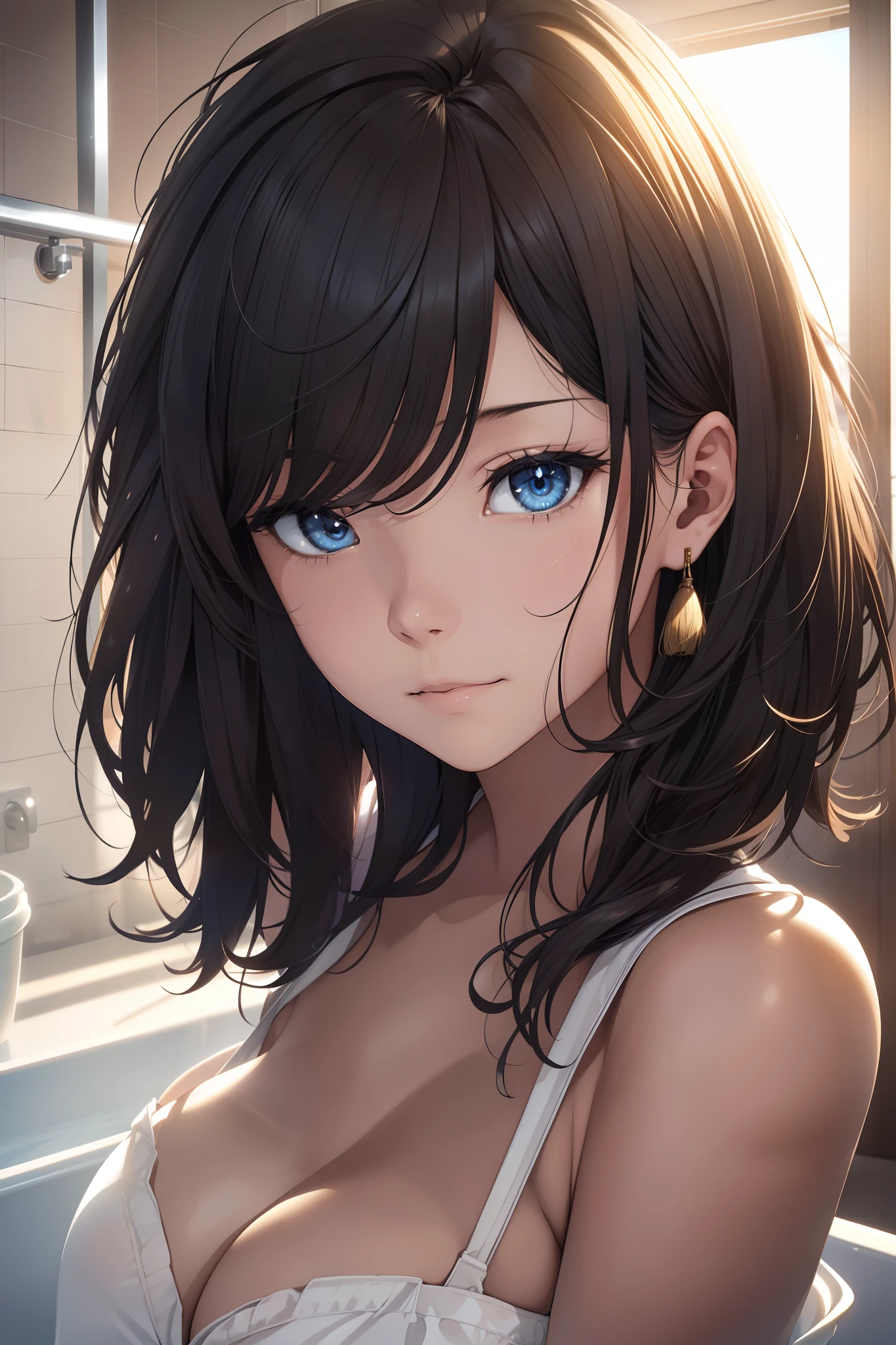 Blown by the long wind [blue-black:.3] hair,Looking at Viewer, (masutepiece:1.3), (8K, Photorealistic, Raw photo, Best Quality: 1.4), Japanese, (1girl in), Beautiful face, (Realistic face),{Wavy medium hair|Bob with long bangs|short hair with long bangs}{Black hair|Brown hair|Blonde hair}, Beautiful hairstyle, Realistic eyes, Beautiful detailed eyes, (Realistic skin), Beautiful skin, Attractive, 超A high resolution, A hyper-realistic, Highly detailed, Golden ratio,Female student peeing in toilet、embarrassed from、