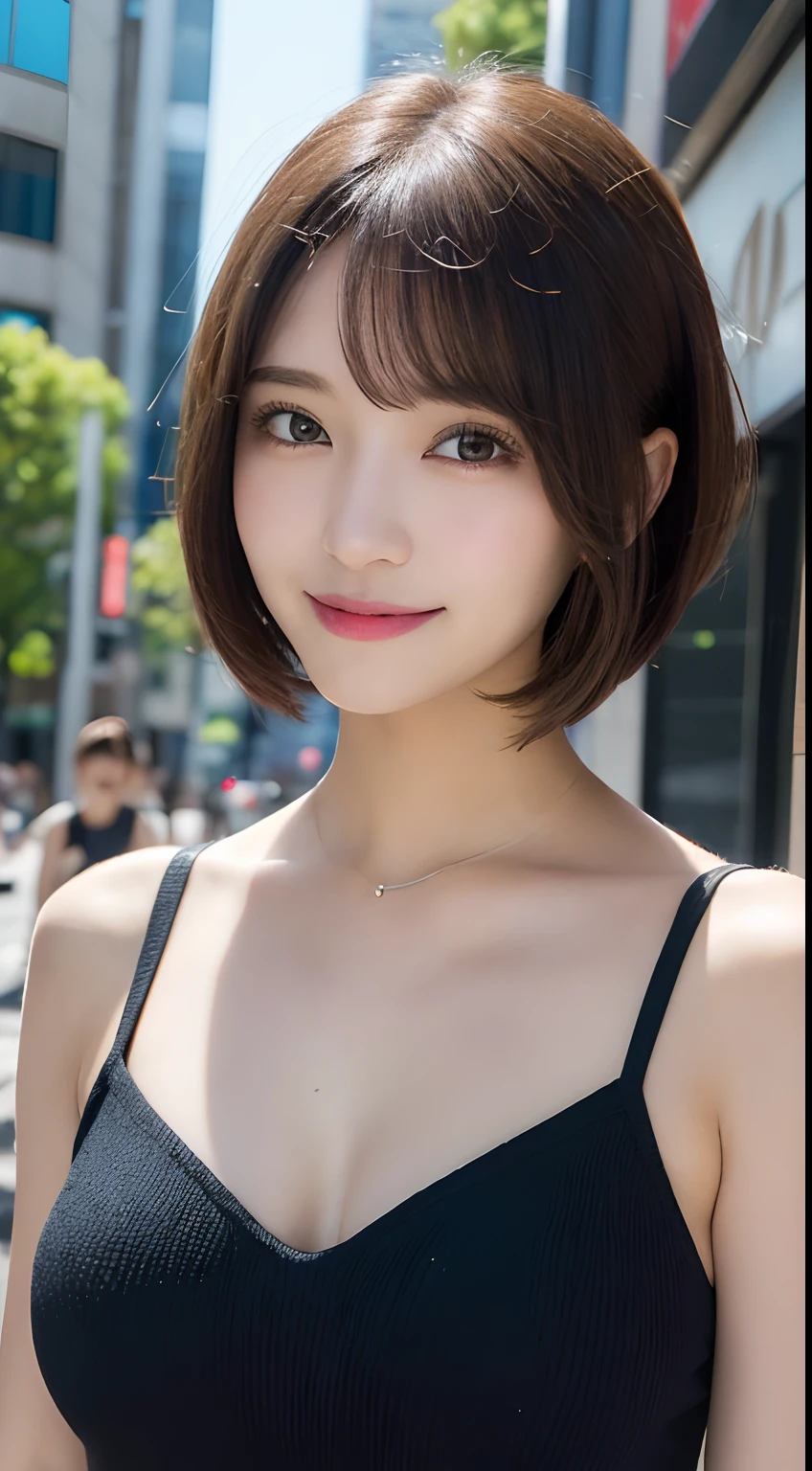 masutepiece, Best Quality, Illustration, Ultra-detailed, finely detail, hight resolution, 8K Wallpaper, Perfect dynamic composition, Beautiful detailed eyes, doress, mid-chest, Natural Color Lip, Random and sexy poses,Smile,Aoyama Street Walk、20 years girl、bobhair,Short hairstyle