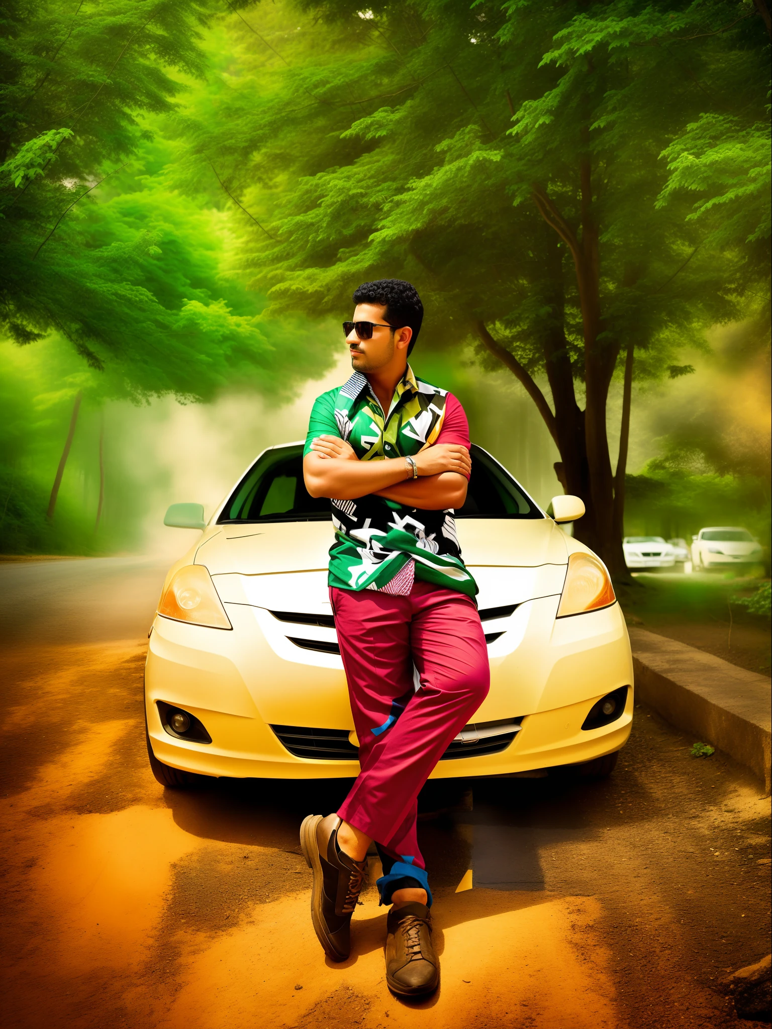 arafed man standing in front of a car with a new post sign, high quality picture, in front of a forest background, mohamed chahin style, very artistic pose, mixed art, stylish pose, edited in photoshop, very very low quality picture, * colour splash *, potrait, picture, around 1 9 years old, candid picture, riyahd cassiem