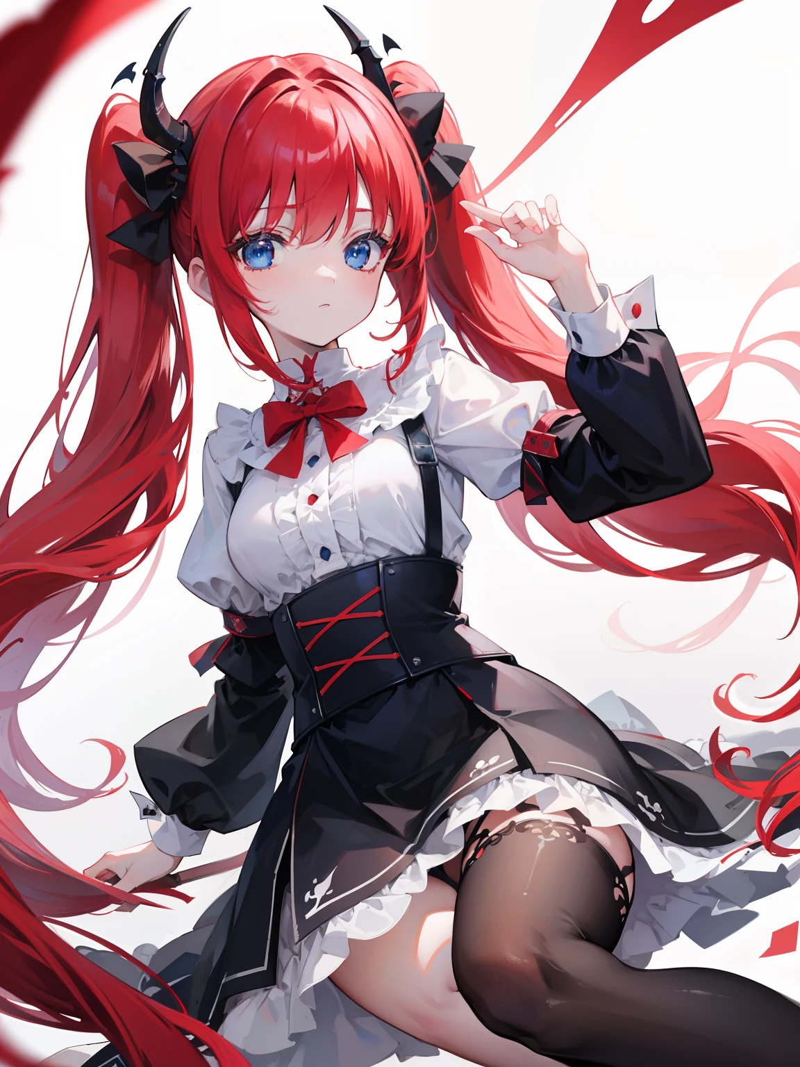 red hair,blue eyes,twintails, long hair, long sleeves, gothic, solo, loli,Short skirt, white stockings,{{best quality}}, {{masterpiece}}, {{ultra-detailed}}, {illustration}, {detailed light}, {an extremely delicate and beautiful},little girl,cute,dragon horns