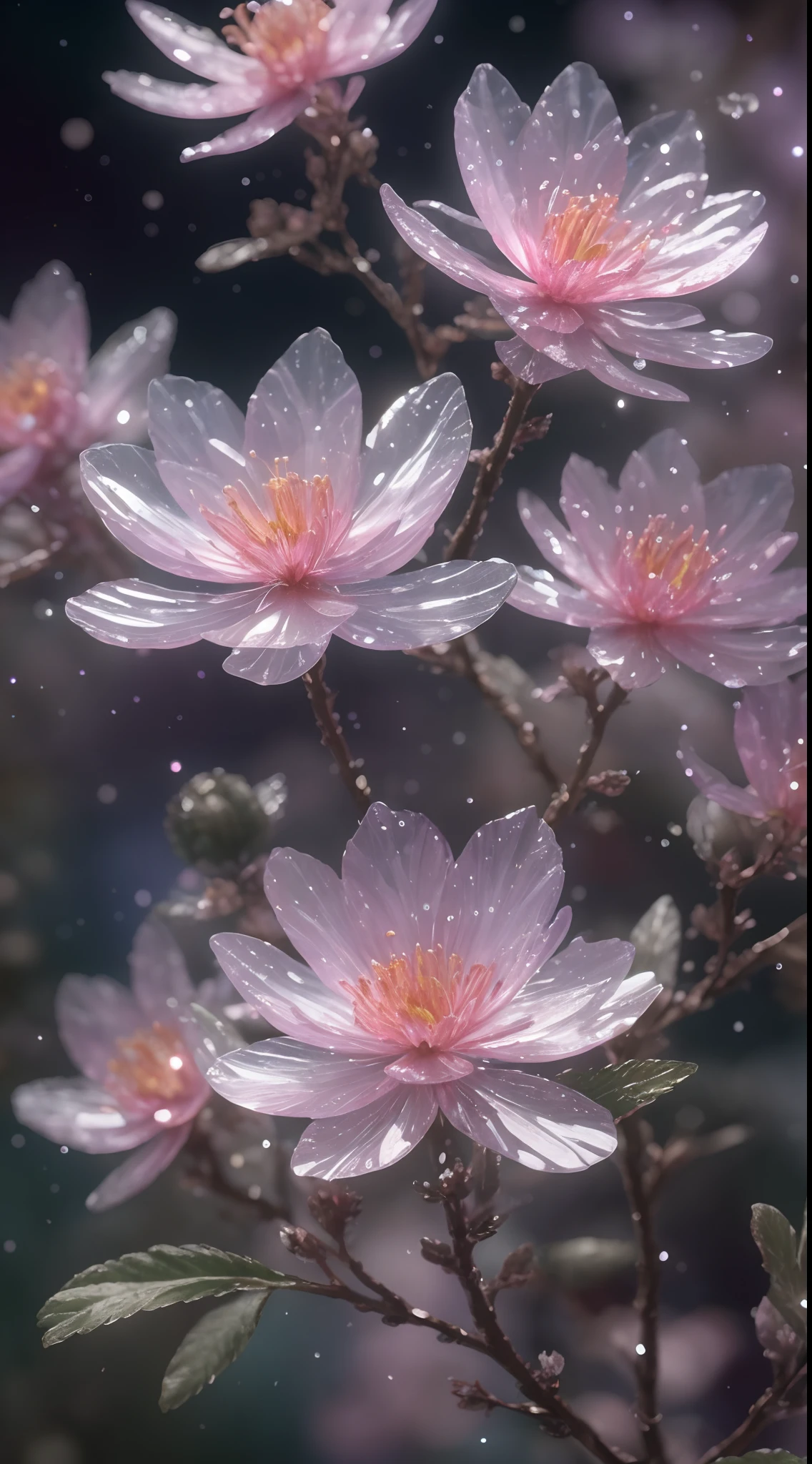 Crystal Sakura Blossom, fantasy, galaxy, transparent, glisten, elf, idyllic, colorfully, Magical Photography, dramatic light, photo realism, ultra-detail, 8k, Depth of Field, high-res