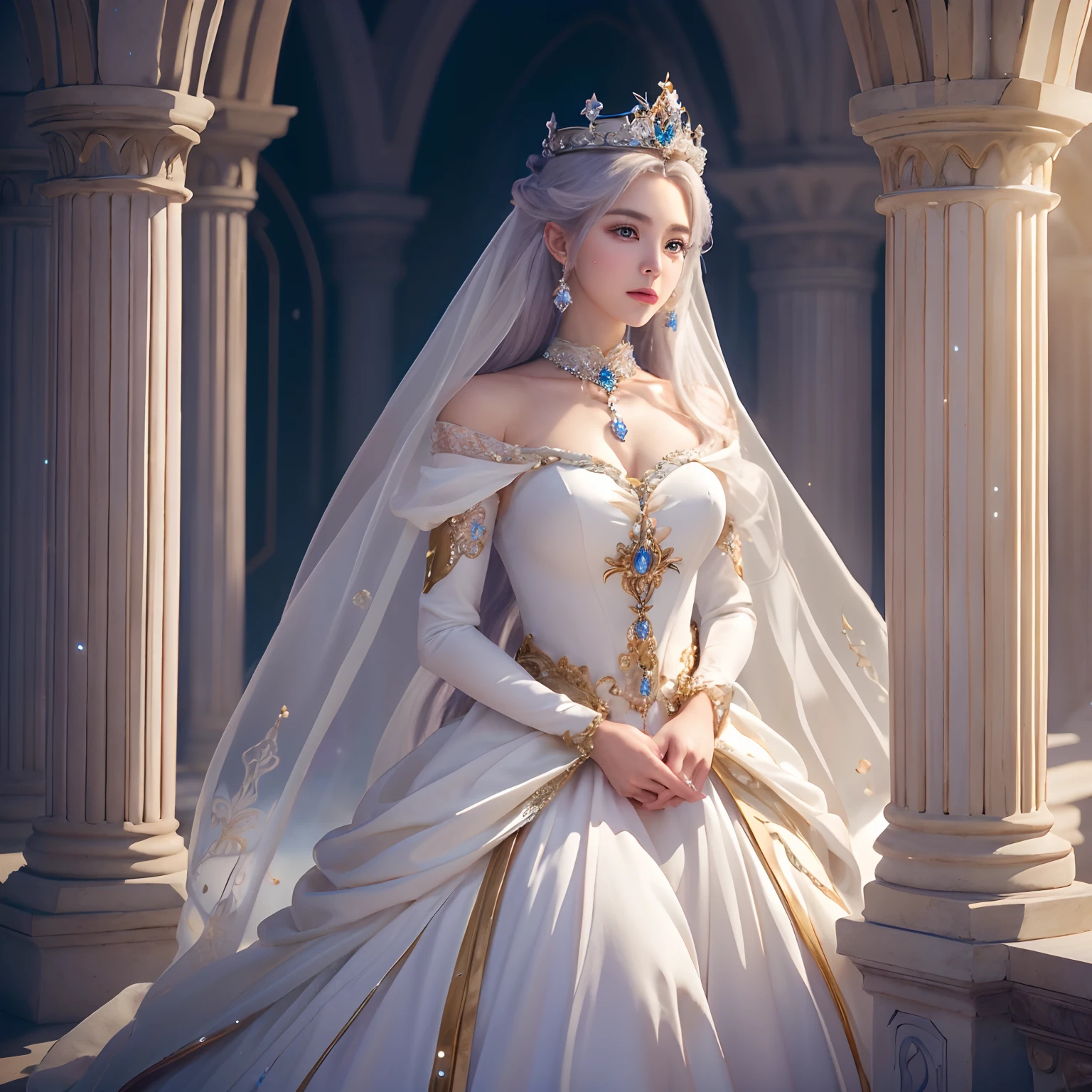 There is a woman in a white dress with a crown on her head, a beautiful fantasy queen, ((beautiful fantasy queen)), a portrait of a princess, a work of art in the Guvez style. 5D CGI anime fantasy artwork, 8K high quality detail art