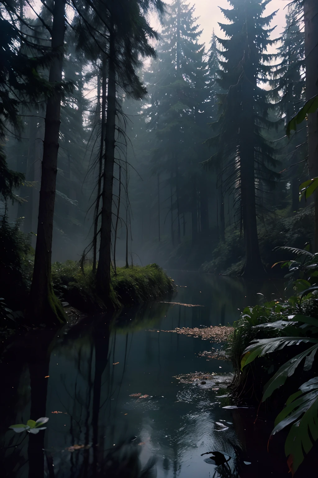 "Horror theme, horrible, dark forest, Forest in the Night, brumeux, nuit totale, aura effrayante, strange atmosphere, Pleasant water jet, no humans, (Masterpiece, Extremely detailed, Best quality, complexe,) paysage."