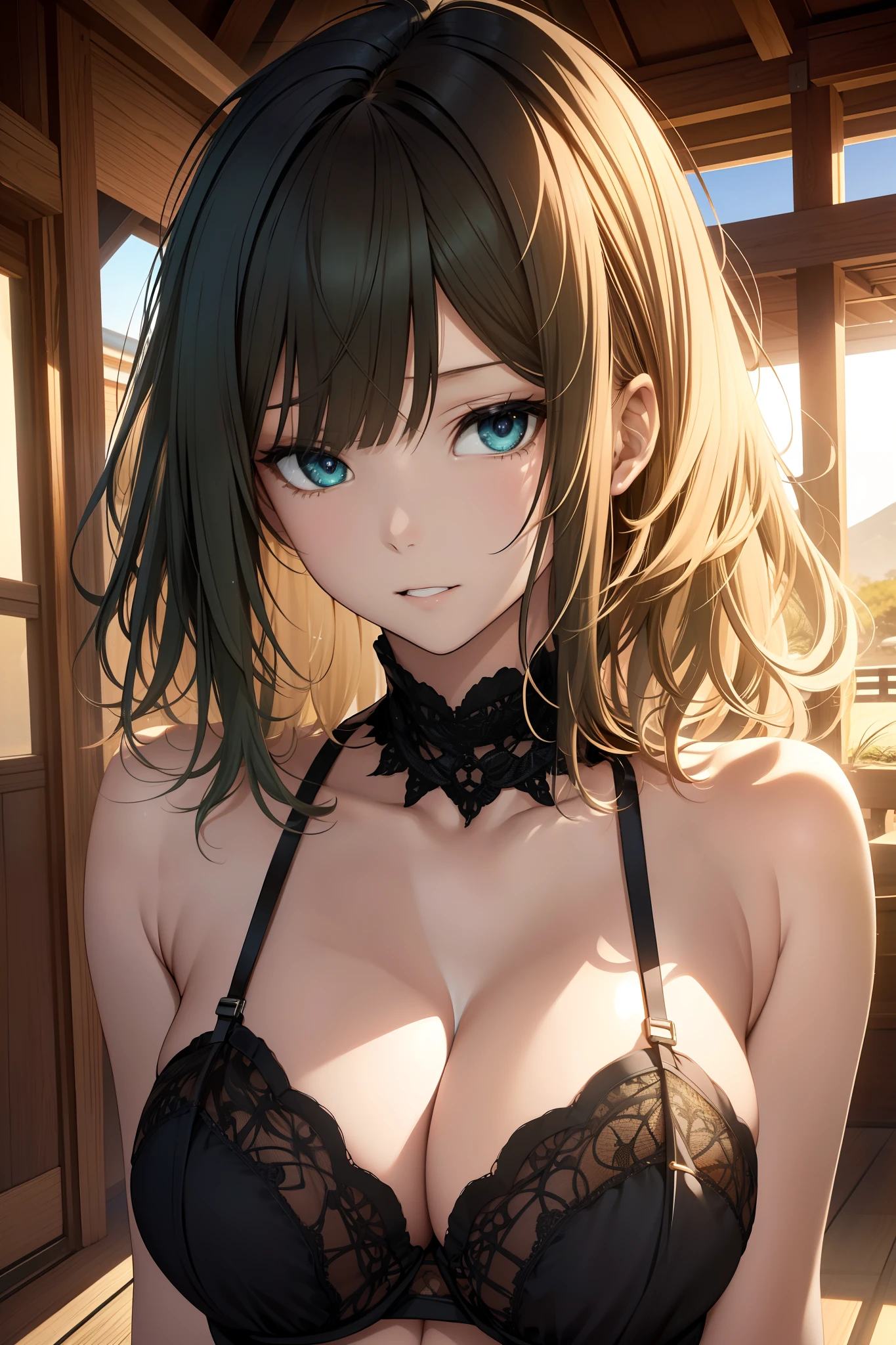 Blown by the long wind [blue-black:.3] hair,Looking at Viewer, (masutepiece:1.3), (8K, Photorealistic, Raw photo, Best Quality: 1.4), Japanese, (1girl in), Beautiful face, (Realistic face),{Wavy medium hair|Bob with long bangs|short hair with long bangs}{Black hair|Brown hair|Blonde hair}, Beautiful hairstyle, Realistic eyes, Beautiful detailed eyes, (Realistic skin), Beautiful skin, Attractive, 超A high resolution, A hyper-realistic, Highly detailed, Golden ratio,((masutepiece)), ((Best Quality)), 8K, detaileds, Ultra-detailed, Detailed and Intricicated, 1girl in, Green hair, Medium Hair, in one's underwear only, Red lingerie, Staring at me in embarrassment,