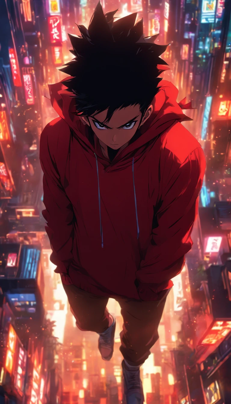 anime character in a city with a red hoodie and black hair, a picture inspired by Ryūsei Kishida, pixiv contest winner, serial art, badass anime 8 k, anime style 4 k, anime wallpaper 4k, anime wallpaper 4 k, anime art wallpaper 8 k, 4k anime wallpaper, anime art wallpaper 4k, anime art wallpaper 4 k
