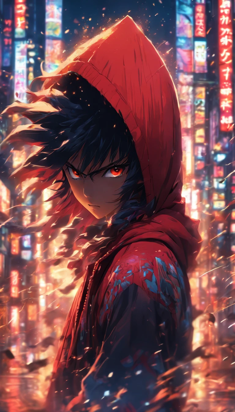 anime character in a city with a red hoodie and black hair, a picture inspired by Ryūsei Kishida, pixiv contest winner, serial art, badass anime 8 k, anime style 4 k, anime wallpaper 4k, anime wallpaper 4 k, anime art wallpaper 8 k, 4k anime wallpaper, anime art wallpaper 4k, anime art wallpaper 4 k