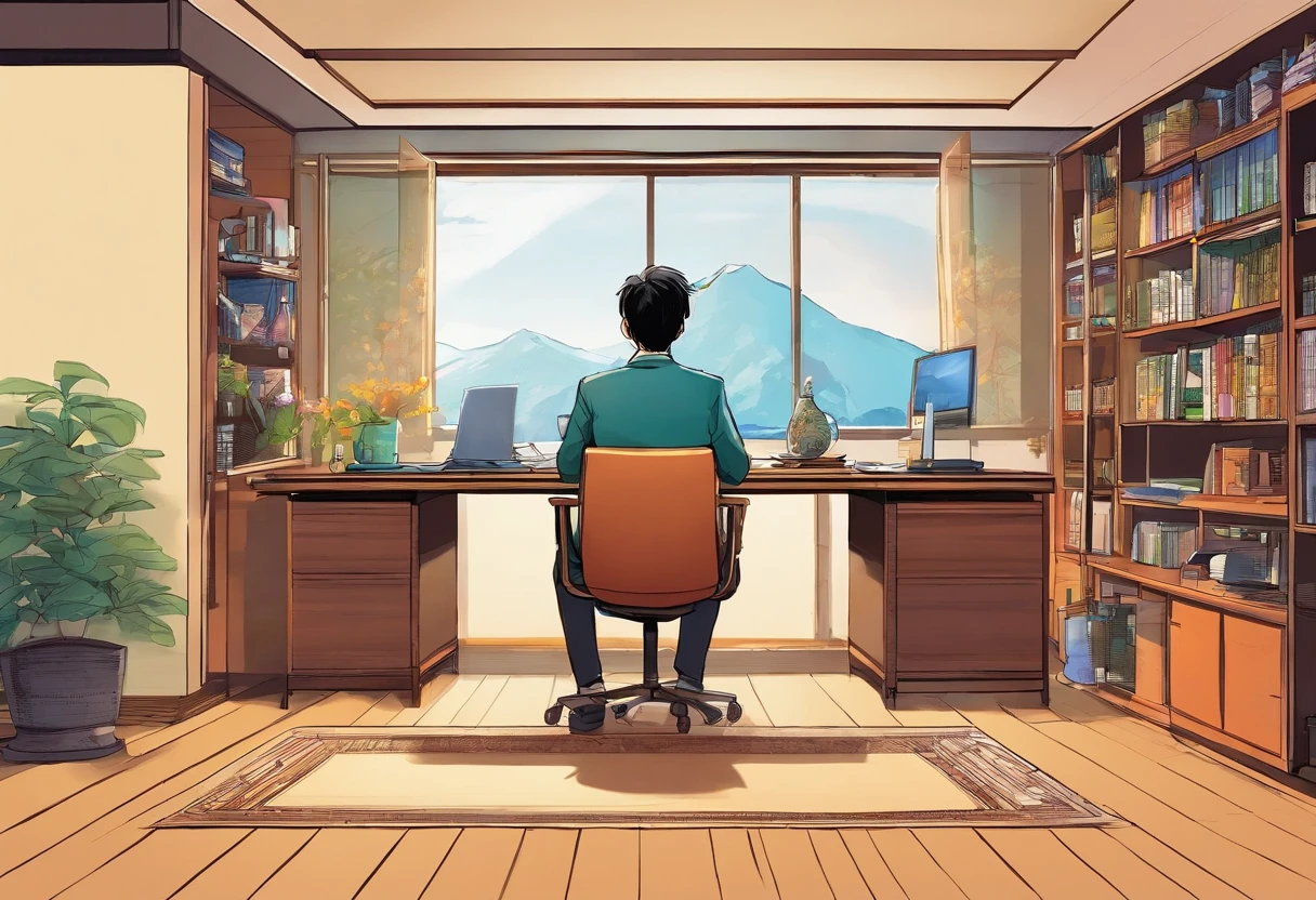 Back shot Man in glasses, Study in the room, Simple study desk,traditional Japanese room
