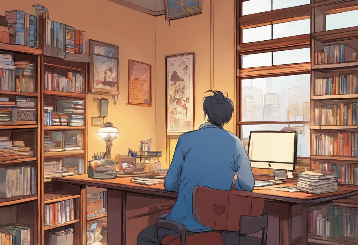 Back shot Man in glasses, Study in the room, Simple study desk,traditional Japanese room
