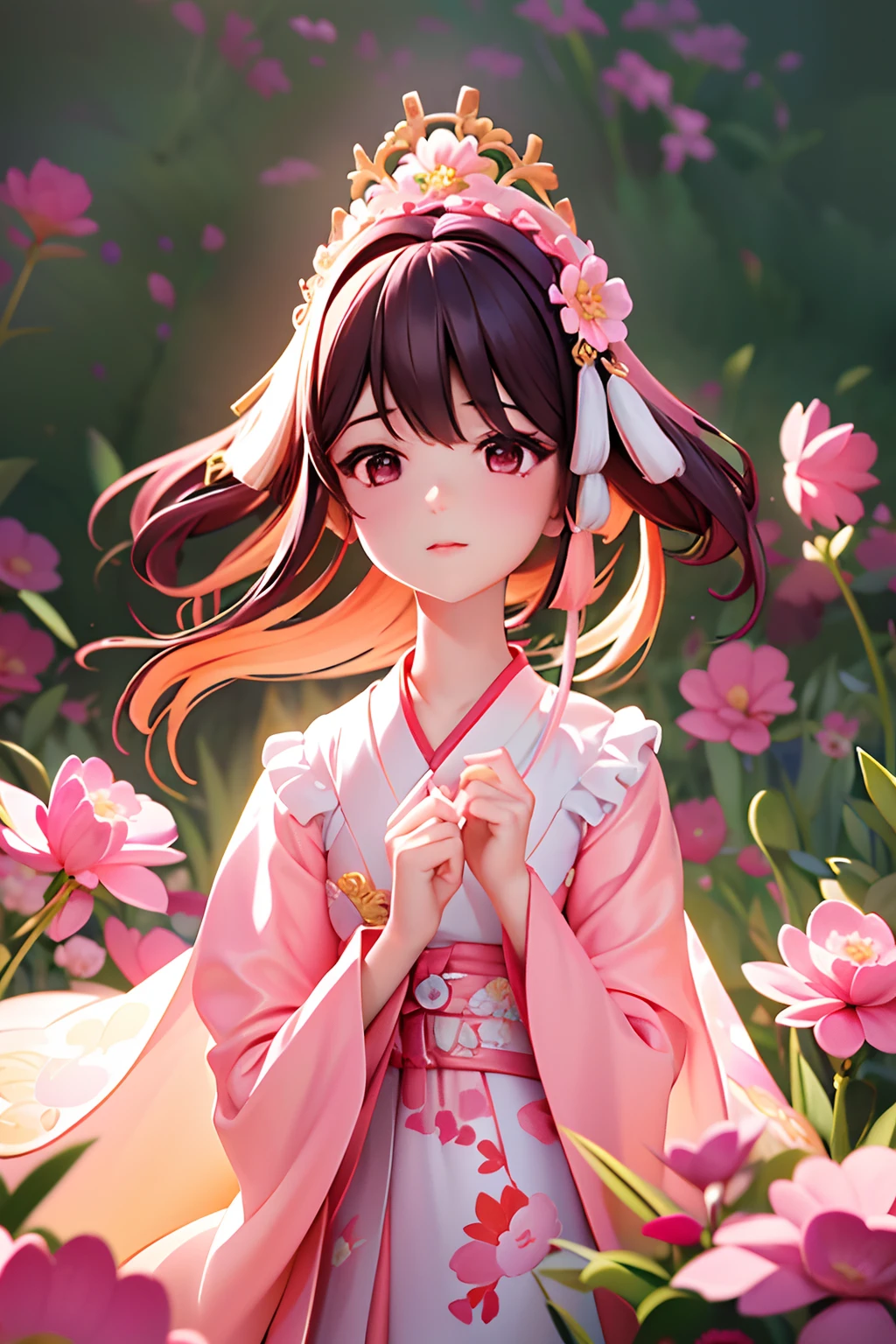 Close-up of a man in a pink dress standing in a flower field, Guviz-style artwork, Guviz, Palace , A girl in Hanfu, guweiz masterpiece, trending on cgstation, Guweiz in Pixiv ArtStation, Beautiful character painting, By Li Song, Guweiz on ArtStation Pixiv