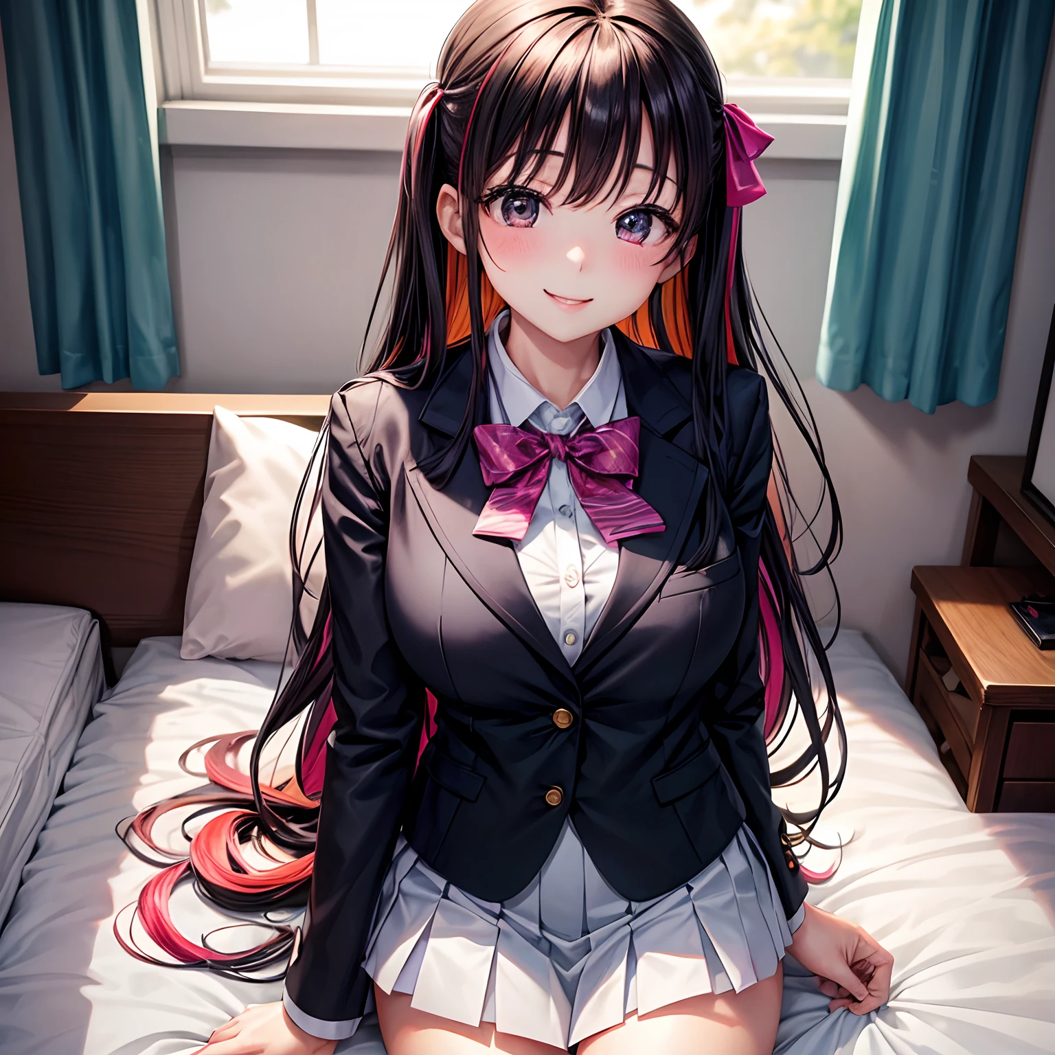 Midday Shiina,a beauty girl,girl with,a smile,Black uniform and blazer,top-quality,masterpiece,huge tit,超A high resolution,Multicolored hair,Excellent style,Perfect facial features,a beauty girl,modeled,girl,Long,
