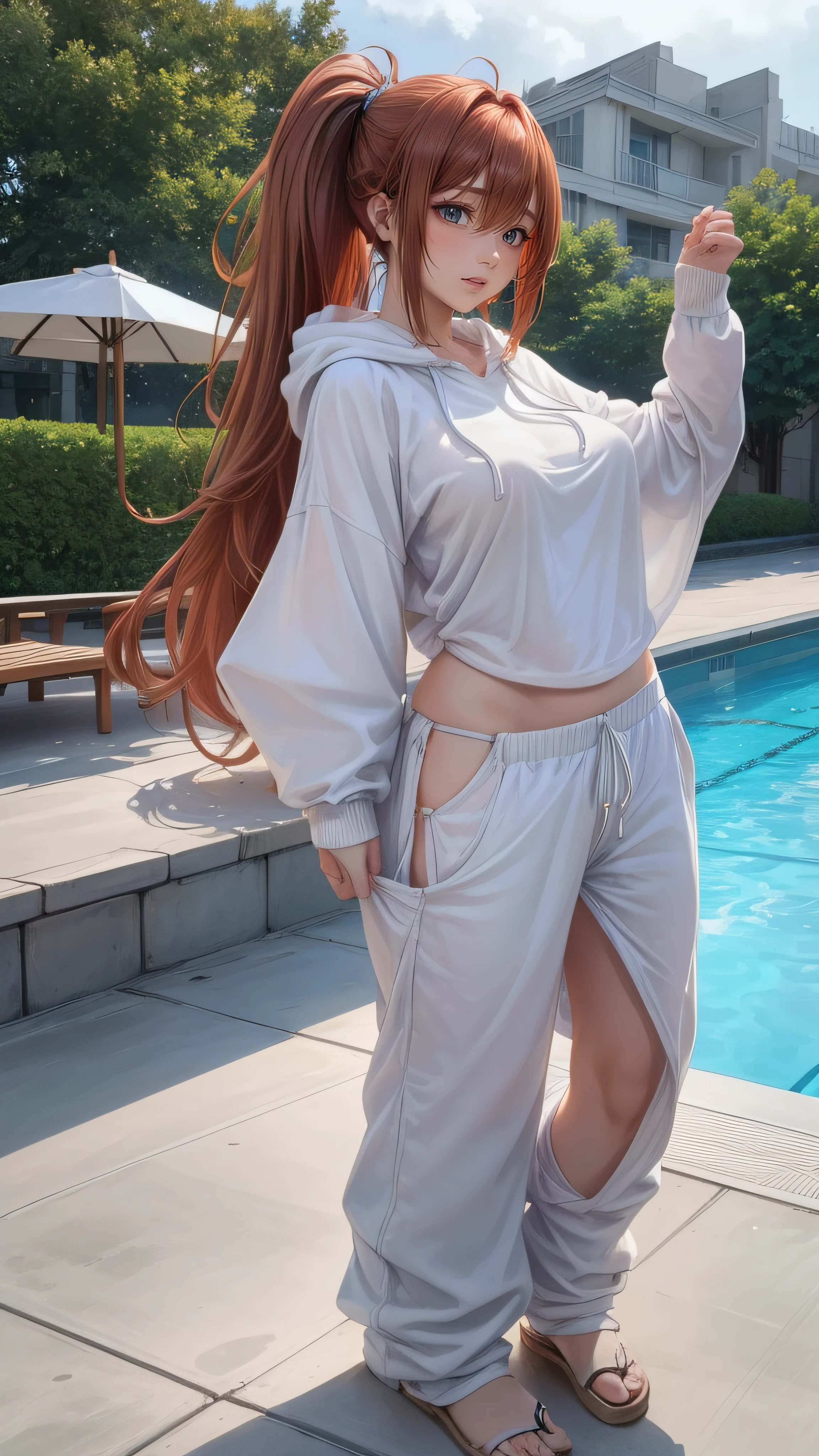 (porn image:1.5),(nsfw),((1girl:1.5),curvy,petite,beautiful breasts,(gigantic breasts),pale skin,erect nipples),((realistic),high resolution,best quality,masterpiece,(Sense of presence:1.5),(((Dynamic:1.5,bold))))),(((extra long High ponytail),(thin hair:1.5),(straight hair),Swept bangs,(extra light coppery red hair),(hair over one eye),hair blowing in the wind)),(pool side,sunlight),((clothed:1.5),baggy white pullover hoodie,baggy pants),(sweat)