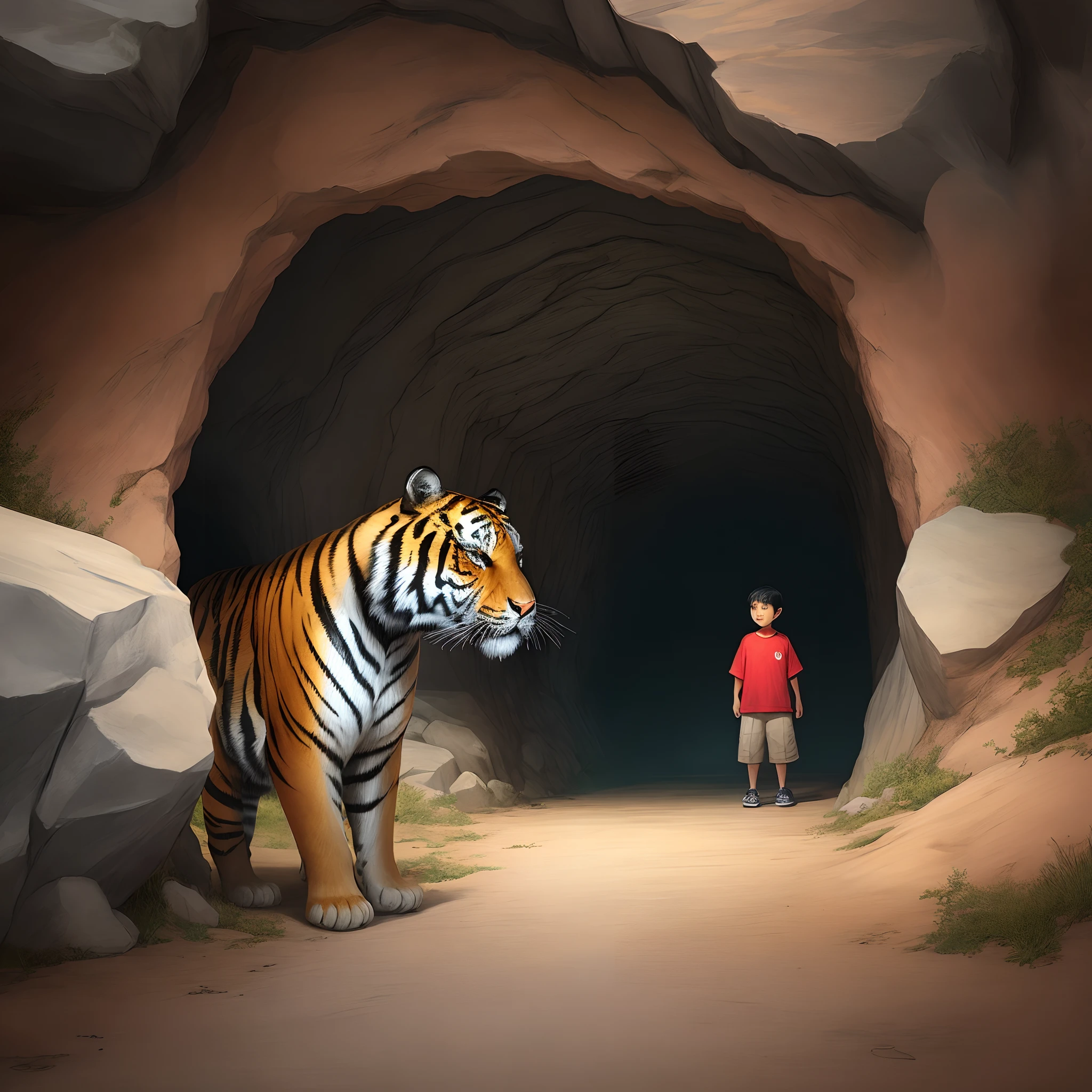 A boy and tiger enter into a cave
