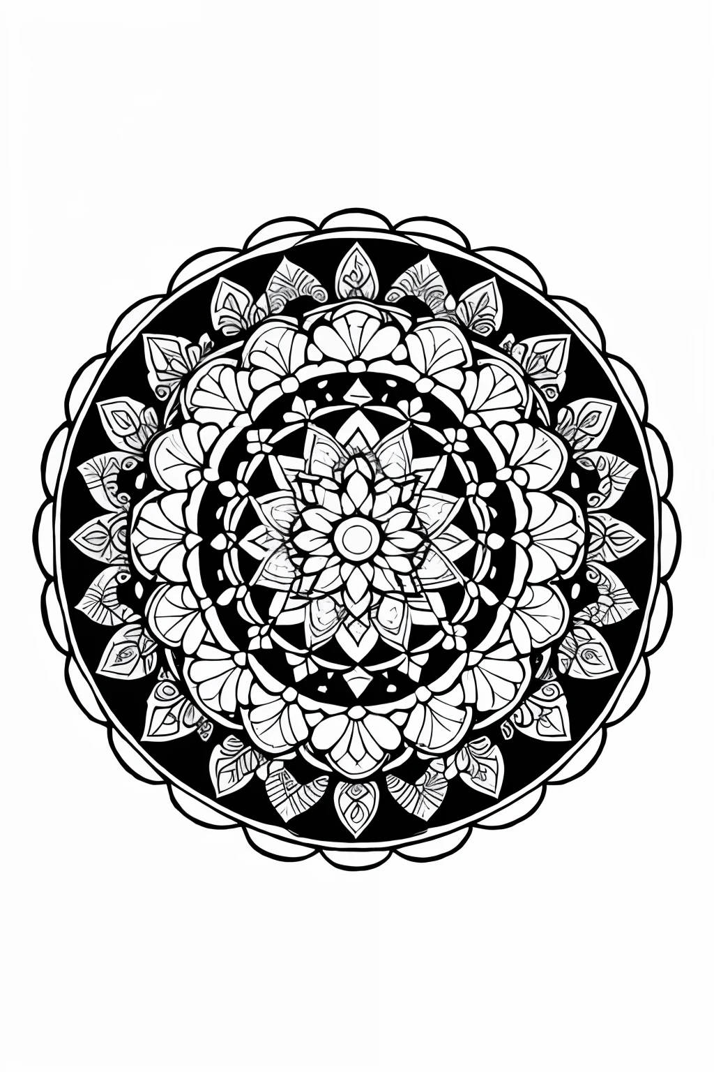 coloring book、a Mandala、florals、black-and-white、illustratio、White background、Plain background、Pattern only