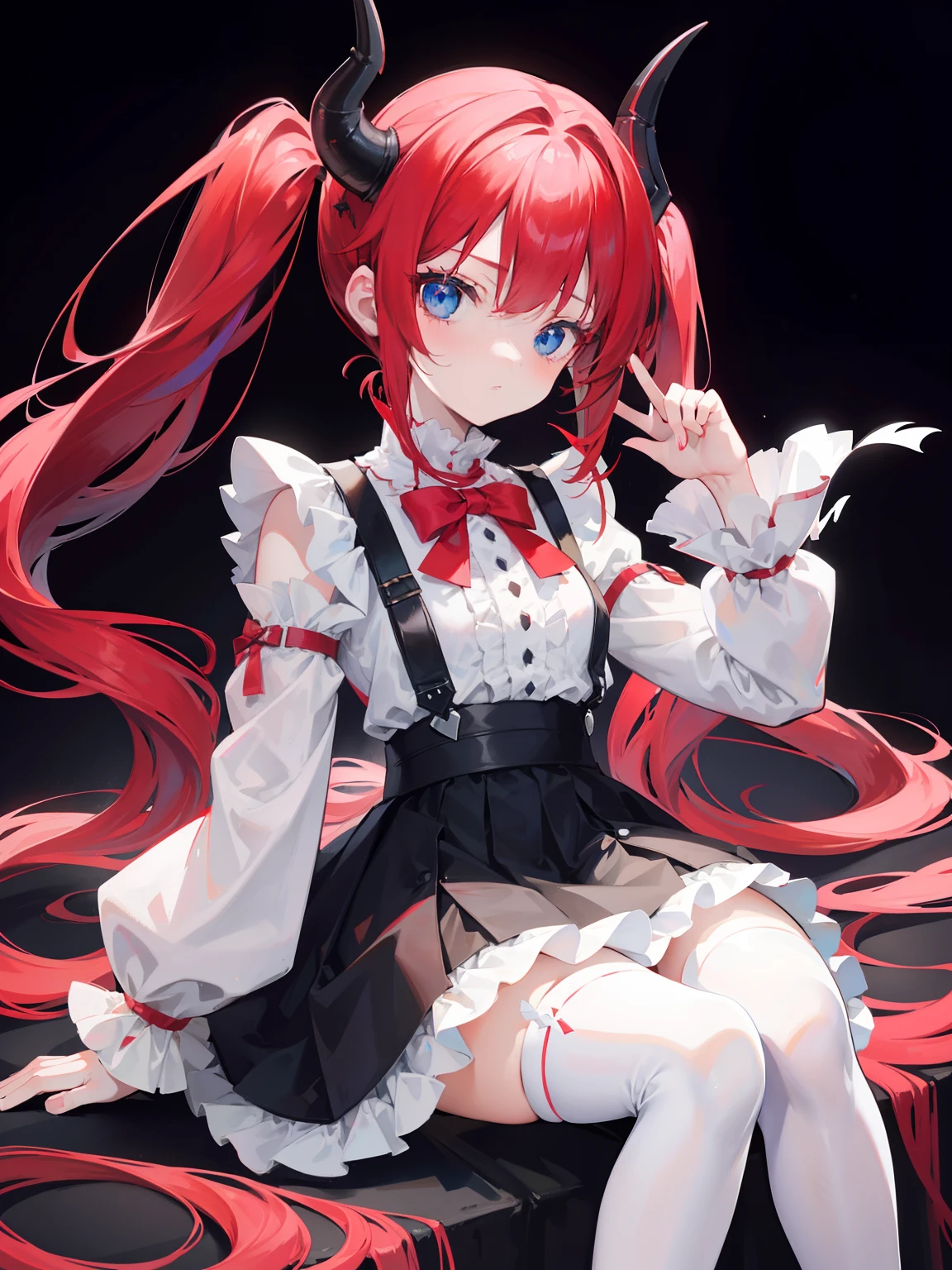 red hair,blue eyes,twintails, long hair, long sleeves, gothic, solo, loli,Short skirt, white stockings,{{best quality}}, {{masterpiece}}, {{ultra-detailed}}, {illustration}, {detailed light}, {an extremely delicate and beautiful}, girl,cute,dragon horns