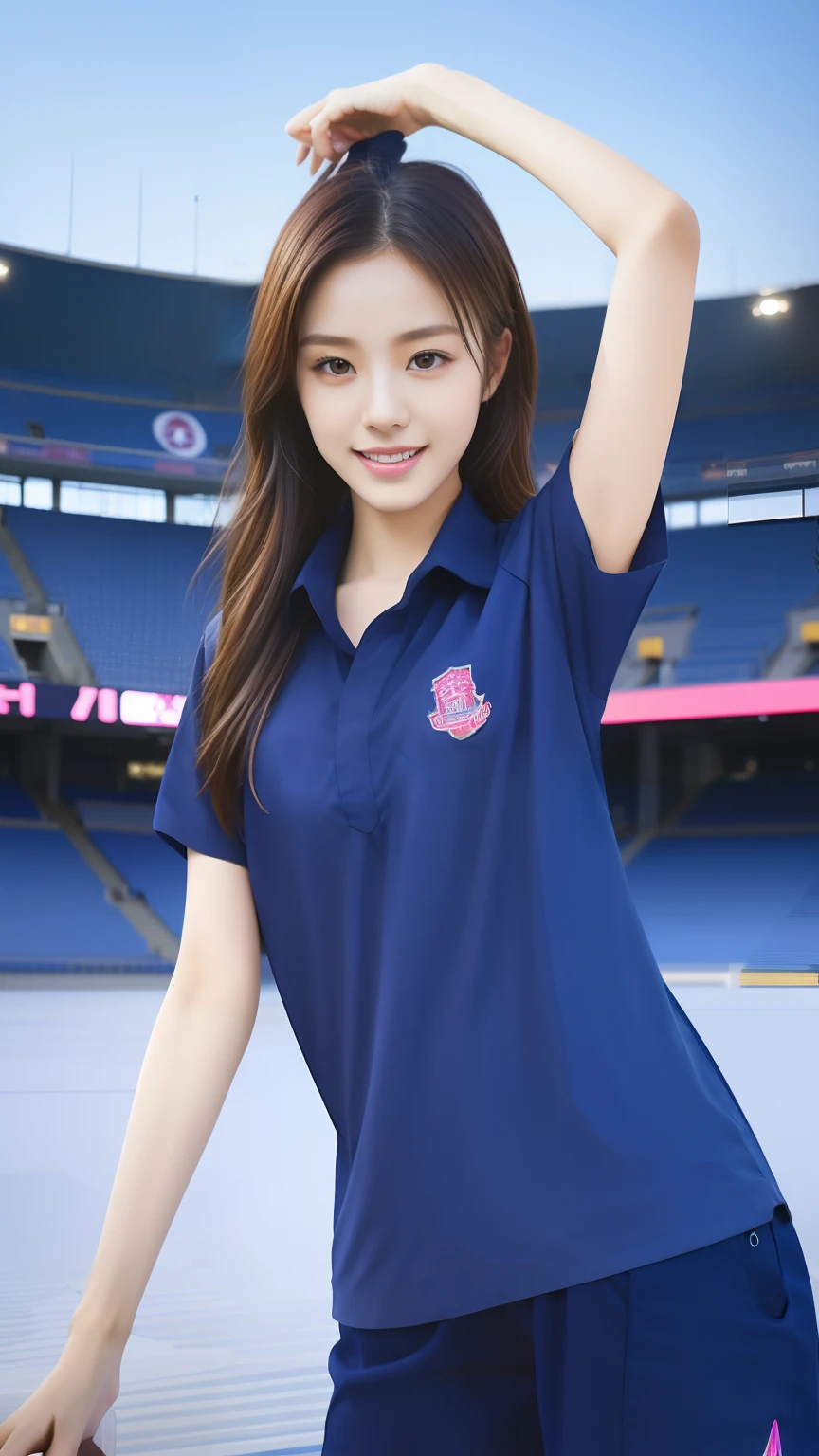 (bestquality,10,10,highres,masterpiece:1.2),ultra-detail,(Realistic,photorealistic portrait,photo-realistic:1.37),1 Cute girl in the football field,oily shiny skin,bara,light smile,BDclothes,((blue shirt:1.3)),short sleeves,Shirt, trousers.,(navy_long_Pants Track:1.1), ((Stadium Background:1.3)),dynamic angle,excited,face focus,Dynamic Poses,from behide,Ass Focus,masterpiece, bestquality, ultra realistic, hyper-detail, 8k resolution, RAW photo, crisp focus, ((Navy blue shirt:1.1)), short sleeves, Long Path, Perfect body, 2 mature women, 18yo, cinematic light,Blue sweatpants,Gymware,Correct anatomy,Complete body, Correct body, sharp face, Anatomically correct body, full entire body, Realistic gestures, long-haired, Realistic poses,Wear long shorts..,Long leg span,Shapely,Sculpting Girl, erotic, sexy, Slim body
