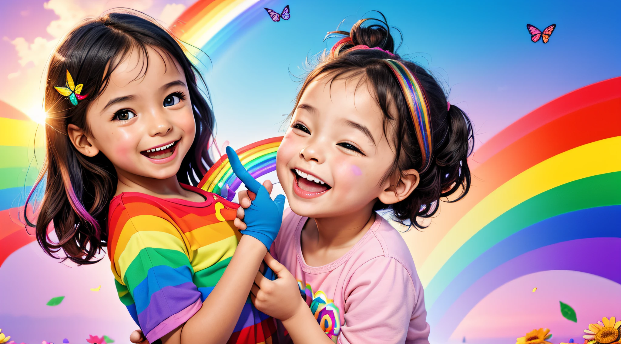 Create a colorful and vibrant thumbnail image for the educational kids' story "The Rainbow's Secret Colors." Feature a bright rainbow in the background, with each color of the rainbow shining brightly. In the foreground, include an image of a  girl named Lucy, smiling and laughing with joy. Surround her with playful elements such as butterflies, birds, and blooming flowers to represent the laughter of children, songs of birds, and blooming flowers that contribute to the colors of the rainbow. Use bold and cheerful colors to make the image eye-catching and appealing to kids. Add the title "The Rainbow's Secret Colors" in a playful and whimsical font at the top of the thumbnail.