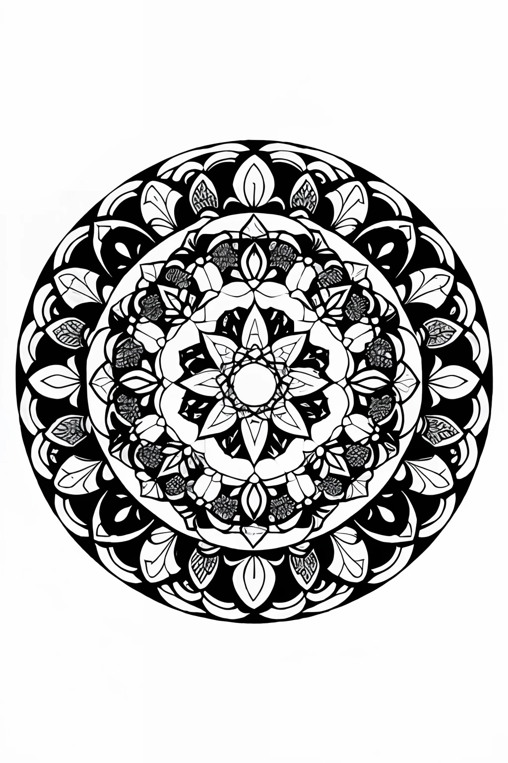 coloring book、a Mandala、florals、black-and-white、illustratio、White background、Plain background、Pattern only