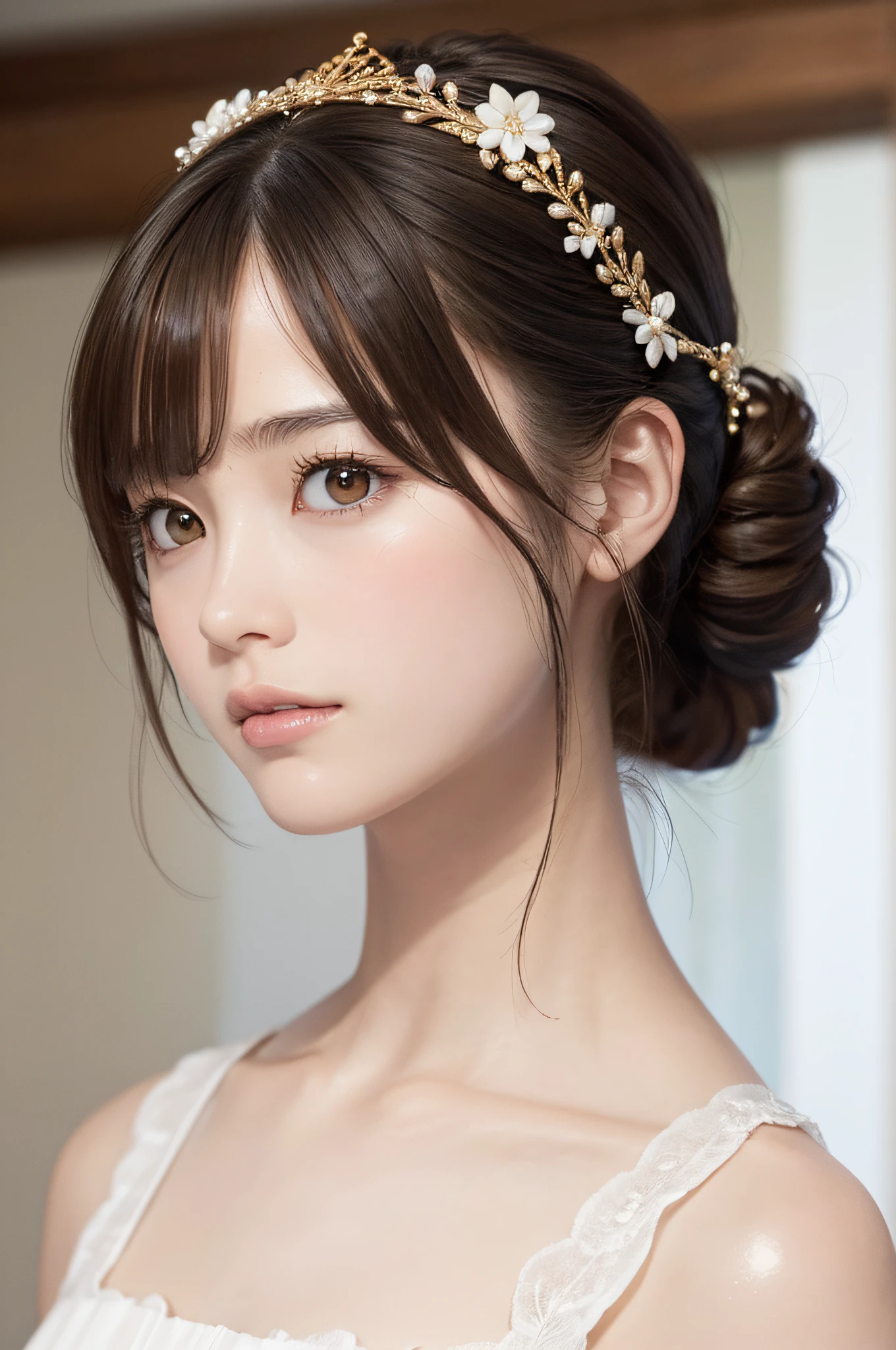 (masutepiece:1.3), High resolution, ultra-detailliert, the Extremely Detailed CG Unity 8K Wallpapers, Realistic, Photorealsitic, Raw photo, beautifull detailed face, Facial balance is the golden ratio、pale skin, realistic glistening skin, Detailed Cloth Texture, detailed hair texture, Perfect body, Beautiful face, acurate, Anatomically correct, Highly detailed face and skin texture, Natural neck length, (Fair skin:1.2), thin legs, Thin feet, (Aligned teeth:1.1), Sweaty skin, BREAK, Detailed eyes, symmetrical eye, Light brown eyes, Double eyelids, Thin eyebrows, (Sleepy eyes:1.1), (Glossy lips:1.4), (Mouth waiting for a kiss:1.2), (blush:1.2), (Small hair accessories that sparkle:1.1), BREAK, (classy girl:1.3), (Wearing (doress:1.2) With a white floral pattern), BREAK, ((Close Up Shot:1.2)), medium breasts, Slender figure, Firm abs, ((up do hairstyle, Dark blonde hair, Wavy Hair, Long hair:1.1)), ((asymmetric bangs:1.2)),