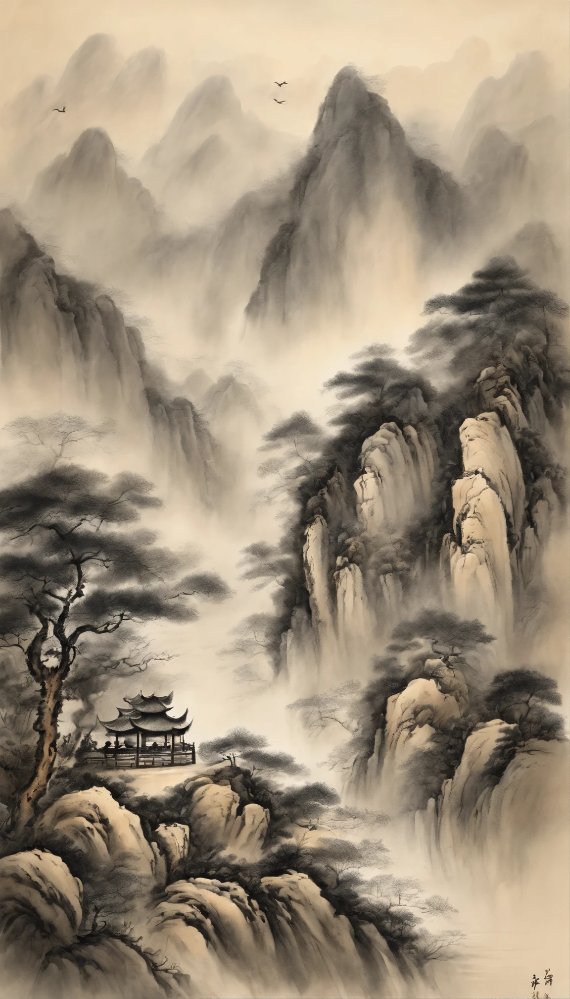 Best quality, Ultra-fine details, high resolution, Masterpiece:1.2, Immerse yourself in the beautiful landscape, Impeccable brushstrokes, Impressive ink, Adopt a wide-angle viewing angle, Breath-taking mountain views, Deep and majestic atmosphere, Beautifully depicted ships sailing through the mountains, Detailed depiction of the ship and its surroundings, Traditional Chinese art, Expresses the tranquility and harmony of nature, Subtle tonal changes, Soft color palette, Gentle and warm atmosphere, Presented at a prestigious exhibition - a Chinese ink landscape painting,The composition is stunning,Emotional depth,Capture the tranquility in the mountains. Textured brushstrokes and tonal variations are very detailed, Reveal the complexity of the ship and the beauty of the surrounding landscape. Traditional Chinese art styles create an atmosphere of tranquility and harmony,Immerse viewers in natural wonders. This masterpiece is of the highest quality, Features ultra-fine detail and high-resolution images, Make it an impressive and breathtaking work of art,It perfectly captures the essence of Chinese ink landscape painting.