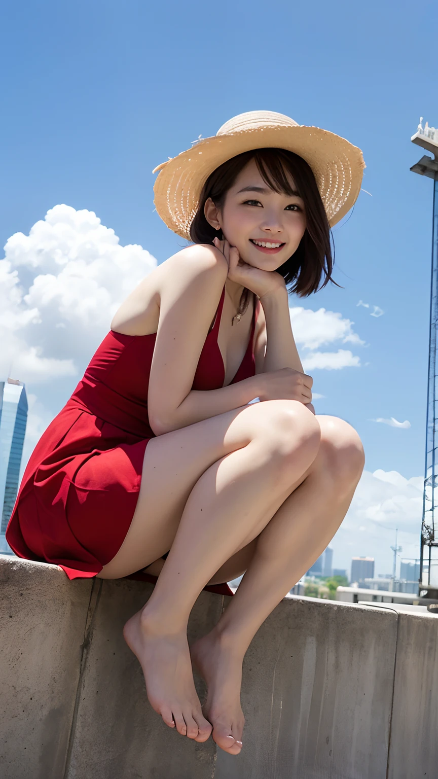 Trapeze girl。She wears a red dress and a white hat.、She has short black hair.。Although she bravely turned over,,,,,,、The smile is very cute。There were no socks or shoes on her feet、Barefoot on trapeze。She looked free and happy.、The envy of viewers。Blue sky and clouds on background、Skyscrapers and Ferris wheels can be seen in the distance。In contrast to the hustle and bustle of the city、She plays quietly in the air、The skirt flips up.