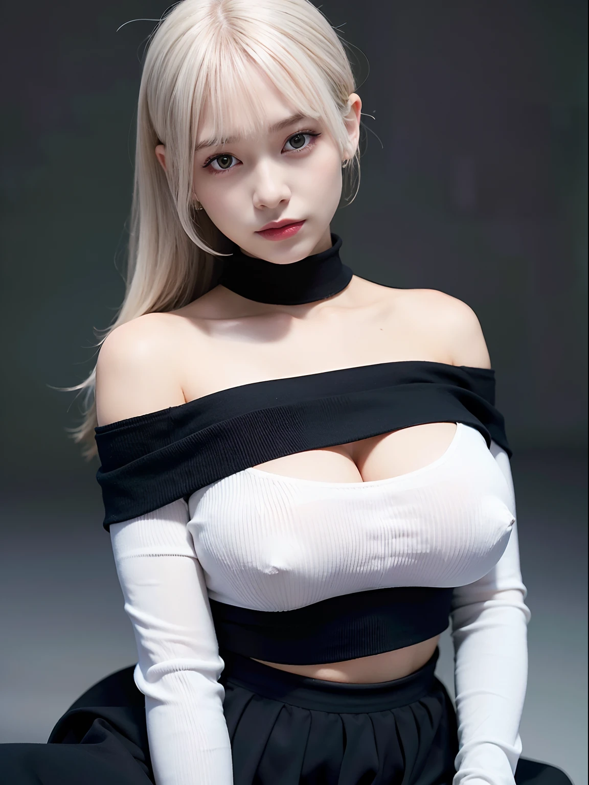 best quality, ultra high res, (photorealistic:1.4), 1girl, off-shoulder white shirt, black tight skirt, black choker, (faded ash gray hair:1), (huge breasts:1.2), looking at viewer, closeup ,