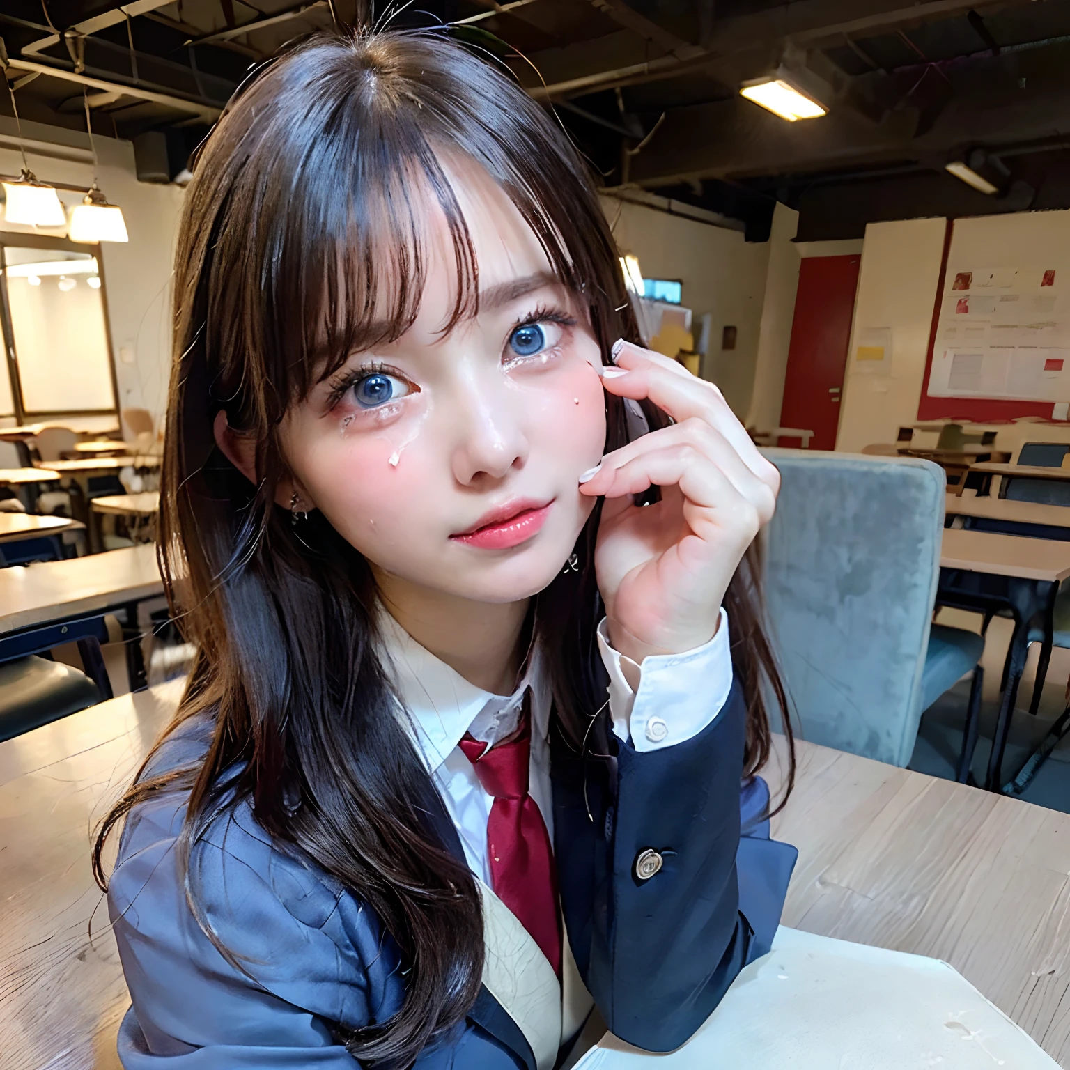 ((8K, top-quality, masterpiece, 超A high resolution, Photorealsitic:1.5)), 1girl in, cute sexy high schoolgirl, Perfect dynamic composition, In the school, tilt the neck, Take a look at you:1.4, Highly detailed eye and face texture:1.3, Fair skin, ((Open valley, red necktie, Blazer Uniform, Well-shaped big)), (Beautiful blue eyes, Eyes that feel beautiful eros:1,5, is crying:1.5), (Face feeling ecstasy:1.5, Sexy face:1.5, red), (A mouthfeel that feels beautiful eros:1.55, Duck mouth), (Intense courtship:1.7), ((((Too erotic))))