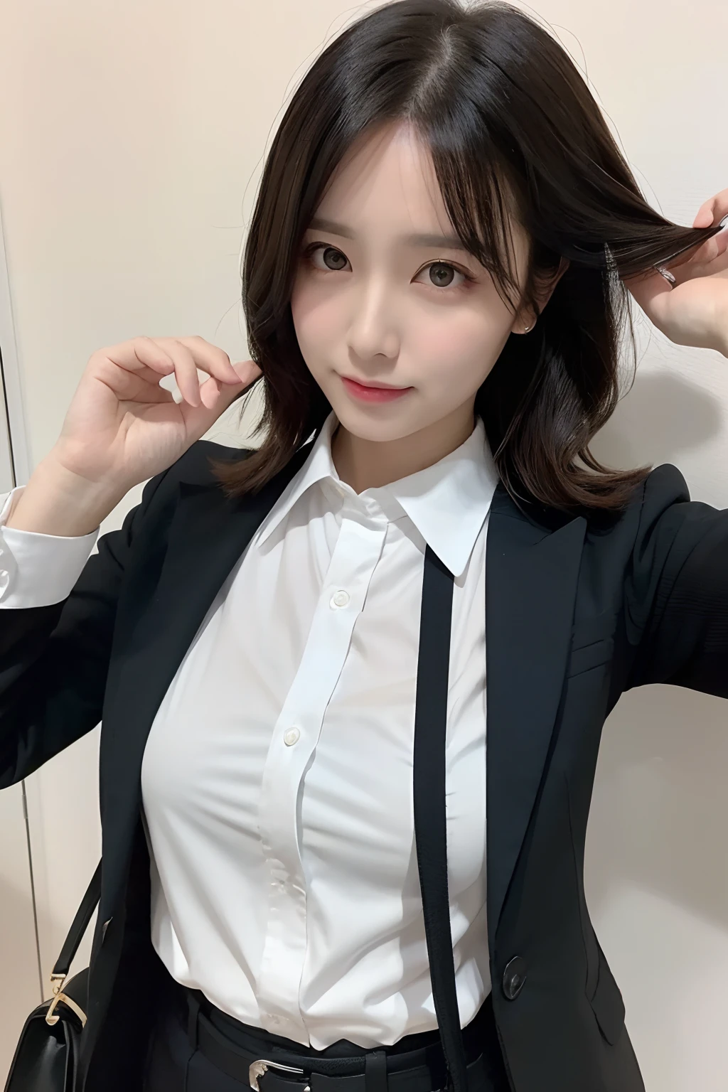 (masutepiece:1.2),High quality,vivd colour,flat-colors,Deep Depth Of Field,Lens Flare,1 girl,Black hair,eyecontact,Suit,Collared shirt,Belt bag,suspenders,Professional,Office Lady,Mature Women,Black Suit,Black jacket,Gaze,ample bosom,Armpit sweat,Exposing the armpits"Pichi Pichi clothes