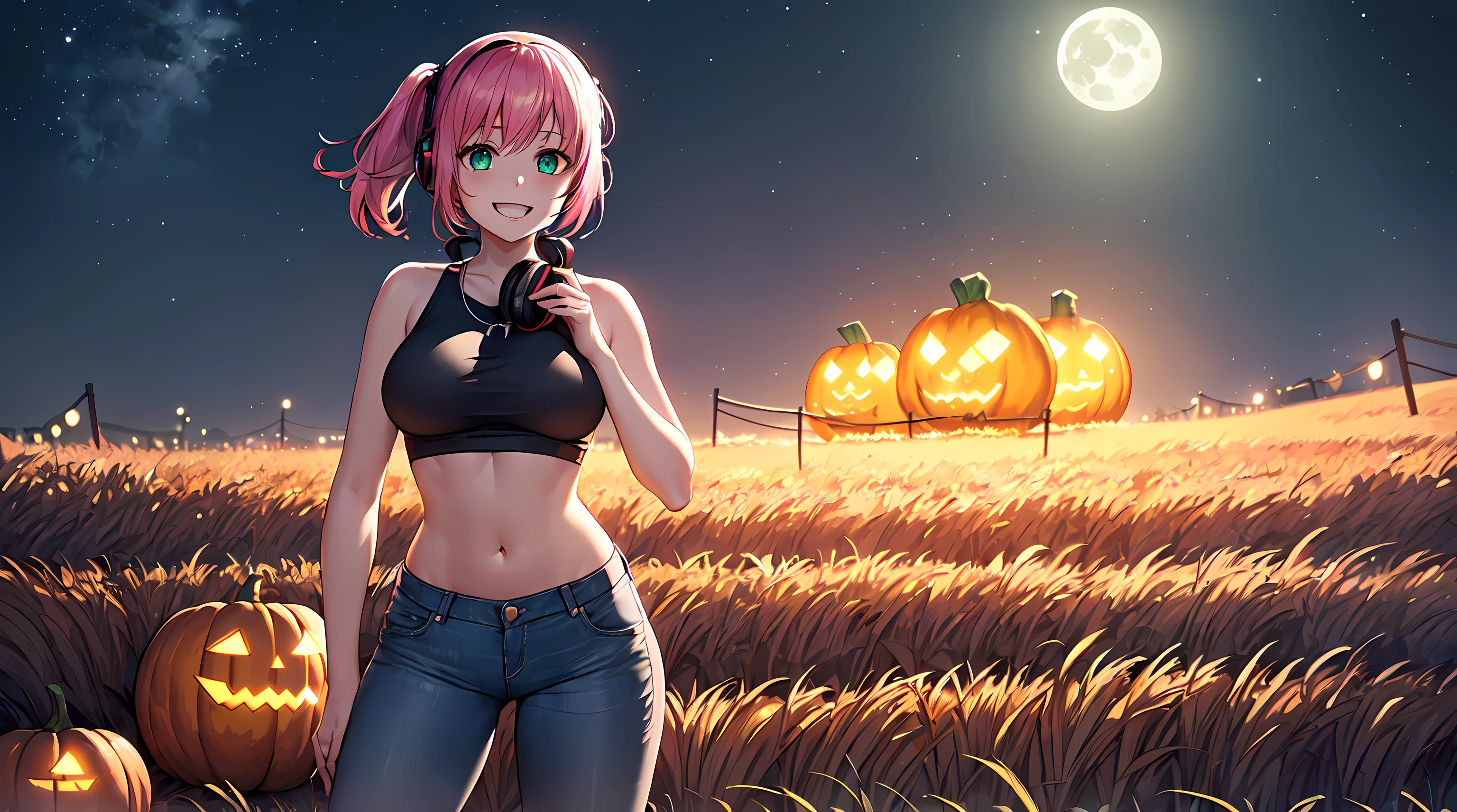 masterpiece, 1girl ((20year old, crop top exposes navel, tight blue jeans, sneakers, medium breasts, multicolor pink hair, twin ponytails, perfect model body, green eyes:1.3, flirting, happy, big smile, headphones, standing in a pumpkin patch with hay bales and pumpkins in the background at night, moonlight:1.2, scary, spooky atmosphere)) ((nighttime)) ((solo:1.6))