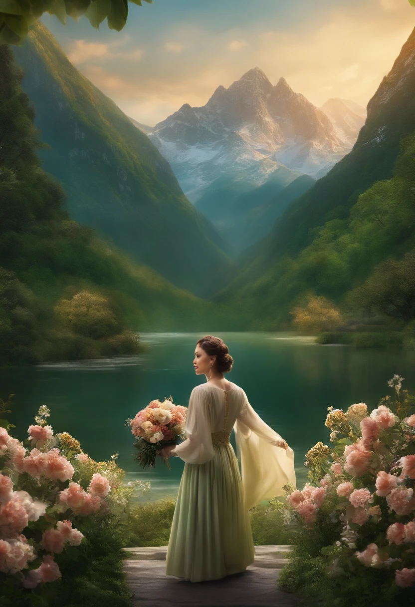 Jay holds flowers，Sing on stage，There is a banner in the background。The banner reads, "Green water and green mountains are gold and silver mountains"