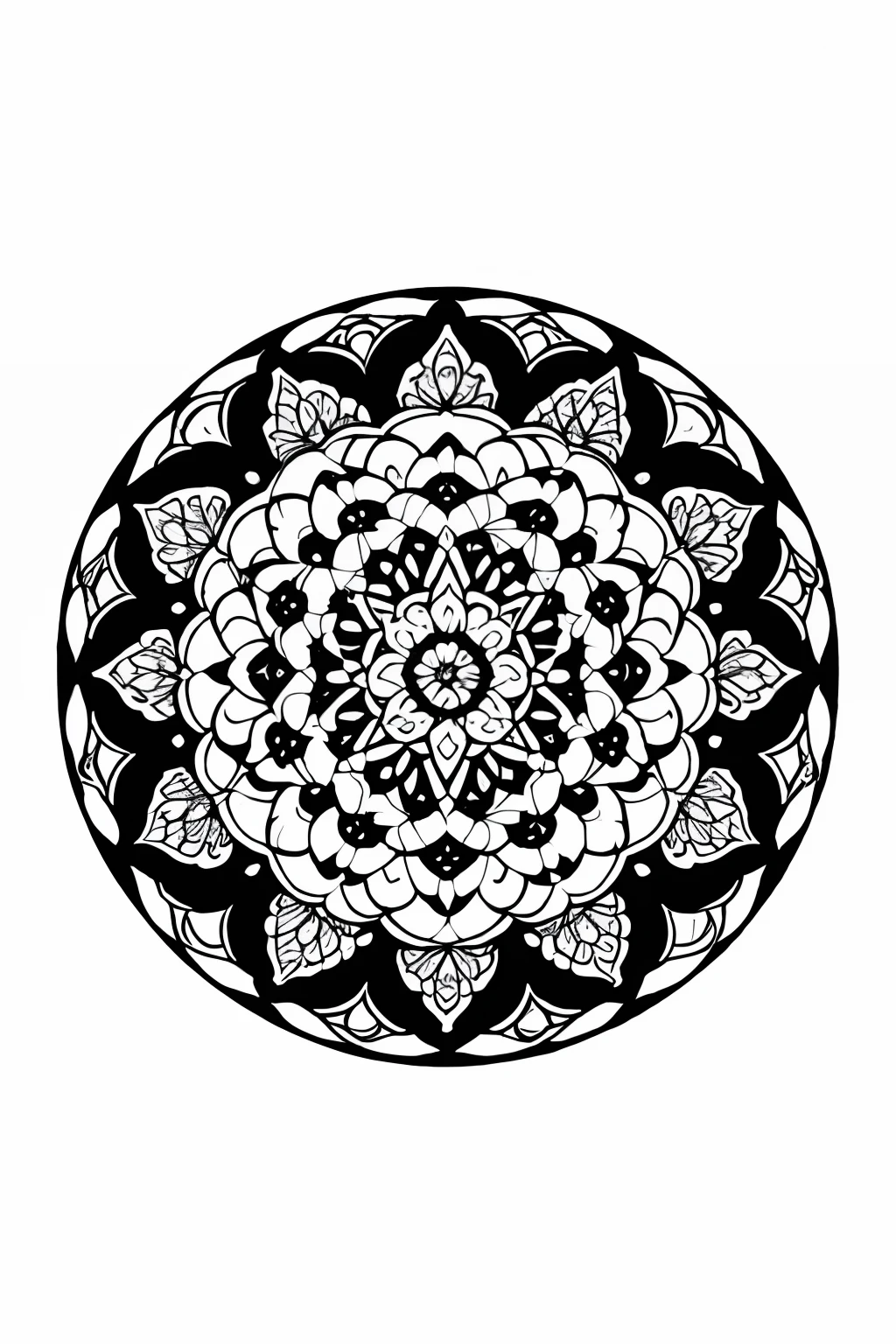 coloring book、a Mandala、florals、black-and-white、illustratio、White background、Plain background、Pattern only