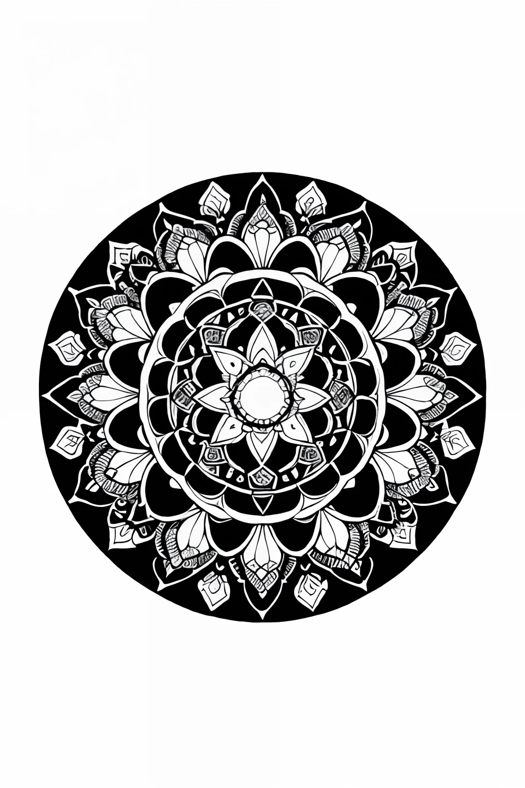 coloring book、a Mandala、florals、black-and-white、illustratio、White background、Plain background、Pattern only