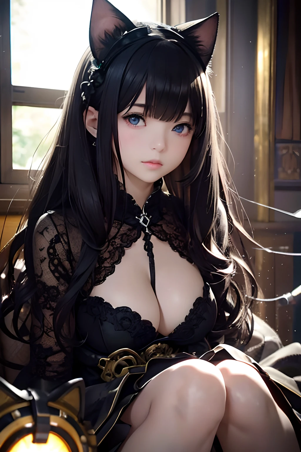 top-quality、masterpiece、超A high resolution、(Photorealsitic:1.4)、女の子1人、co-sleeping、Black hair、glowy skin、((super realistic details))、Global Illumination Octane Rendering、in 8K、ultrasharp、Raw skin is exposed in cleavage、metals、gear wheel、Hydraulic cylinder、Details of complex ornaments、Gothloli details、Luminous tube、highly intricate detail、Realistic light、radiant eyes、Facing the camera、Cat's ears、sitting on、Wires and cables connecting to the head、depth of fields、Brobby background