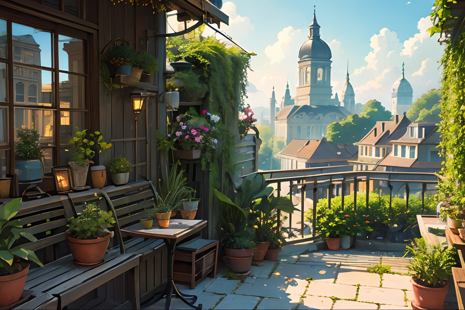 (micro-landscape:1.5),(best quality), ((masterpiece)), (highres), illustration, original, extremely detailed wallpaper, no humans, window, scenery, plant, water, potted plant, outdoors, building, door, house, flower pot, day, lily pad, chair, flower, table, stairs, watermark, hat, tree, sunlight, pond, grass, indoors, reflection, lamp, balcony, black headwear, bush, sky, railing, desk, open window, shelf, leaf, book, web address, copyright name, ladder, architecture, shadow, solo, dated, vines, vase, city, cafe, lantern, bucket, ruins, bench, shop, signature, moss, boat, barrel, river,