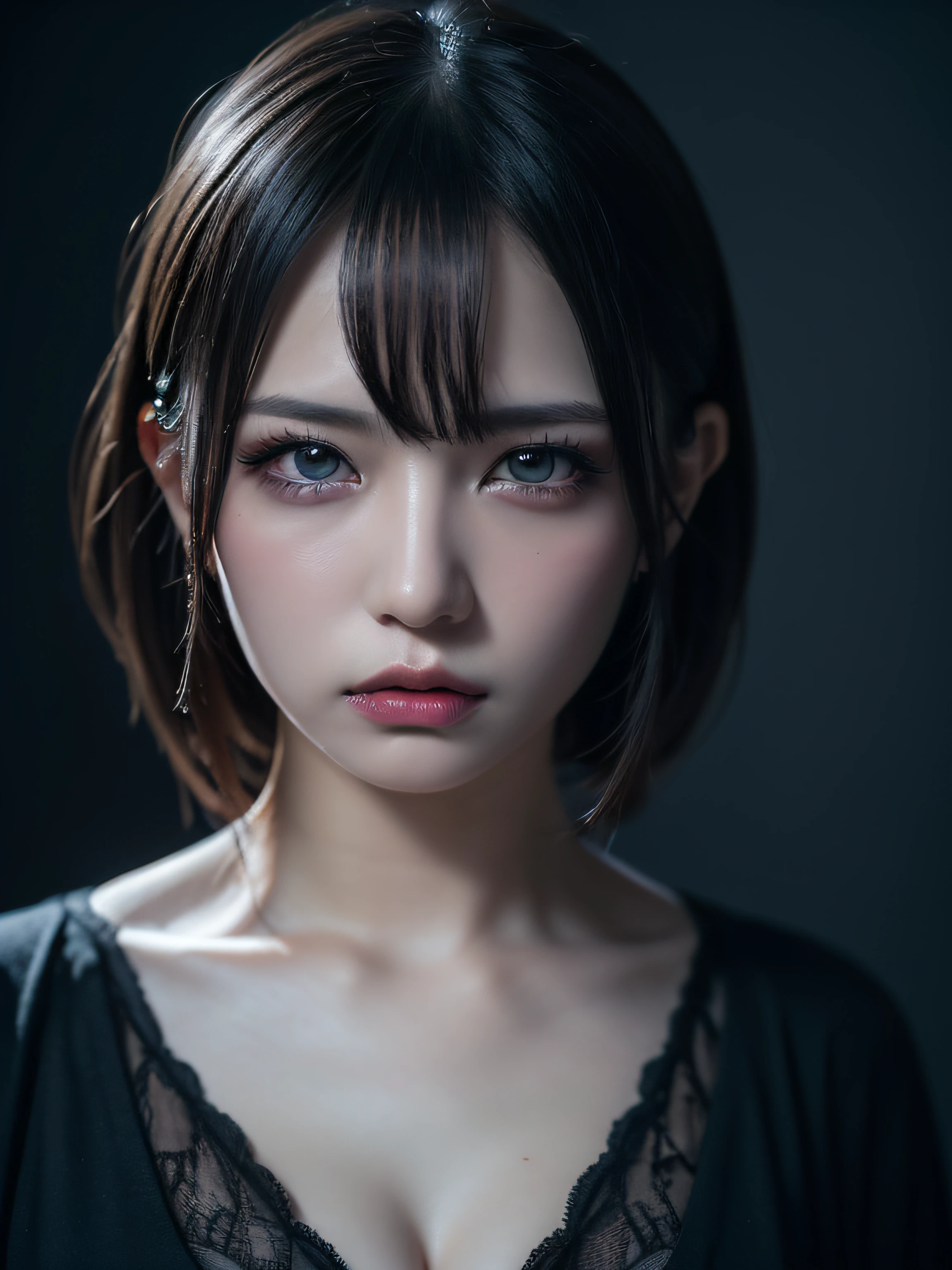 (award - winning photo:1.3) in the (Ultrarealistic:1.3),(angry:1.3) (close up:0.7), a woman with black robe, Real Skin, Canon 5D, 85 mm, depth of fields, 8K, ultra sharpness, nffsw, octane, Unreal, Dramatic light, Global Illumination (by Artist WLOP:1.3),Highly detailed,(Dark Wave Art:1.3),(Hardcore Art:1.3),(Agfacolor:1.3),(close portrait:1.3),(Feminine:1.4),(Beautiful:1.4),(Attractive:1.3),Handsome,Calendar Pose,perfectly detailed eyes,Studio Lighting,Themed Background