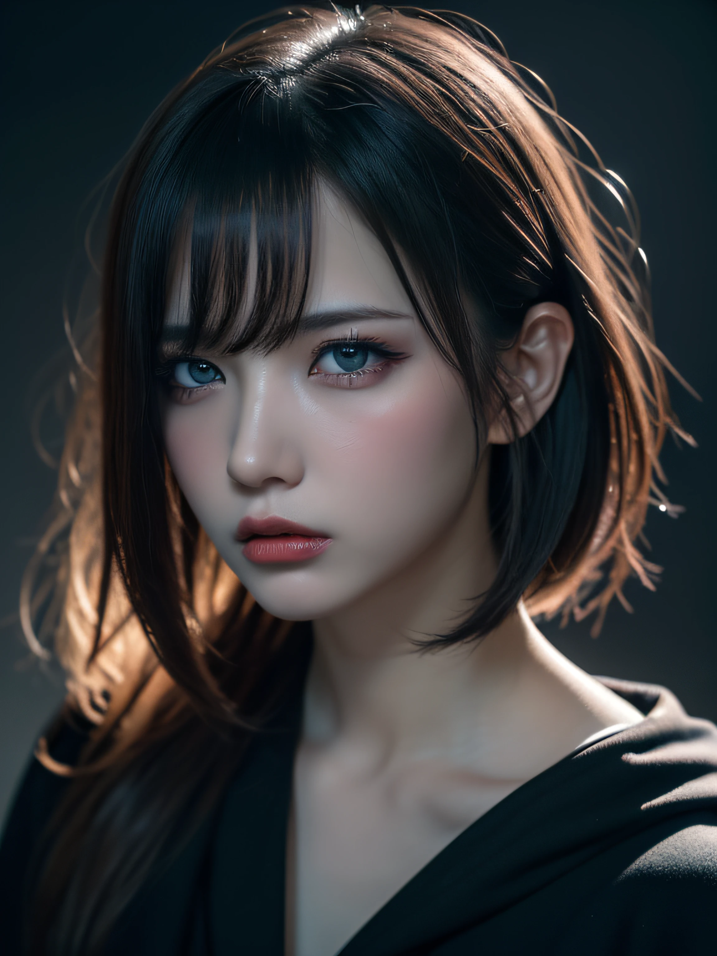 (award - winning photo:1.3) in the (Ultrarealistic:1.3),(angry:1.3) (close up:0.7), a woman with black robe, Real Skin, Canon 5D, 85 mm, depth of fields, 8K, ultra sharpness, nffsw, octane, Unreal, Dramatic light, Global Illumination (by Artist WLOP:1.3),Highly detailed,(Dark Wave Art:1.3),(Hardcore Art:1.3),(Agfacolor:1.3),(close portrait:1.3),(Feminine:1.4),(Beautiful:1.4),(Attractive:1.3),Handsome,Calendar Pose,perfectly detailed eyes,Studio Lighting,Themed Background
