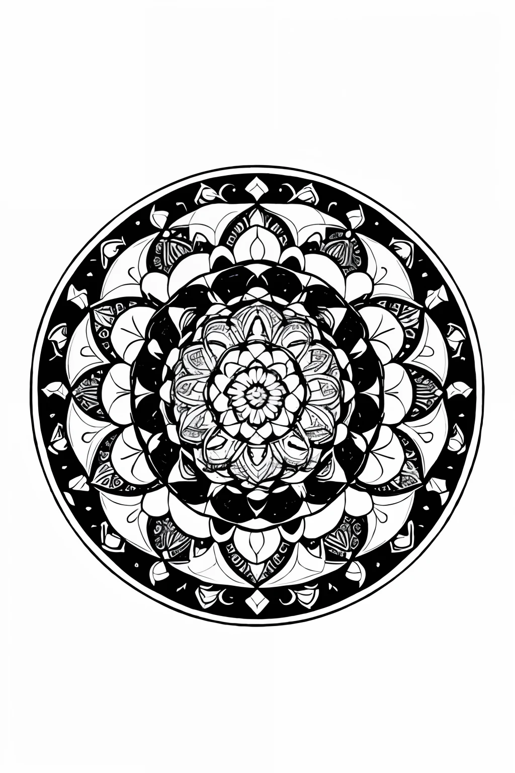 coloring book、a Mandala、florals、black-and-white、illustratio、White background、Plain background、Pattern only