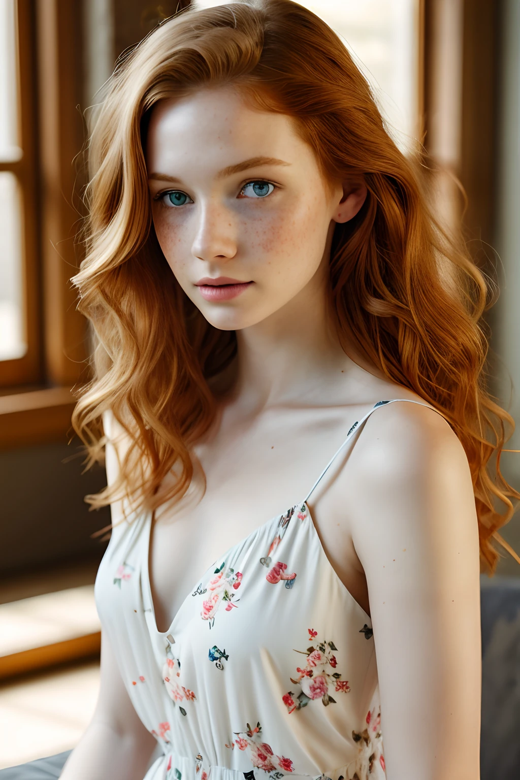 1girl in, 19, Solo, Aesthetic artwork, irish  redhead, wavy ginger hair, shoulder length ginger hair, gray eyes, light grey eyes, some small freckles, pale skin, A-cup, small breasts, runners body, detailed skin texture, sitting down having coffee, drinking coffee, (extremely detailed 8k wallpaper), soft lighting, high quality, film grain, Fujifilm XT3 sharp focus, f 5.6, 50mm, High Detail, Sharp focus,(natural light), in a light colored dress. A white sundress, floral pattern sundress, crazy details, complex details, hyperdetailed