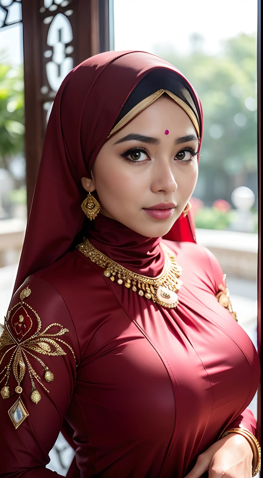 1 malay girl , modern plain hijab, shy, medium portrait shot , watery eyes , light glowing particles, wear modern Indonesian bridal kebaya dresses pastel red, big breast, red light bokeh background, proportional body,