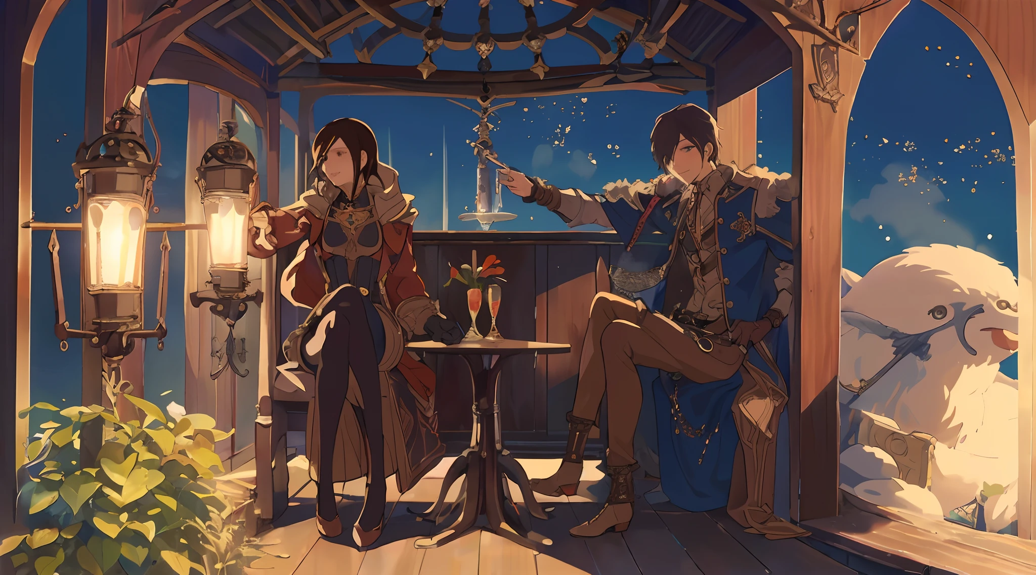 (Best quality,Pisif:1.2), Intimate interaction,Medieval theme,Subtle and distant,unrequited love,Vibrant colors,Steampunk elements, Dreamy atmosphere, Religious overtones
