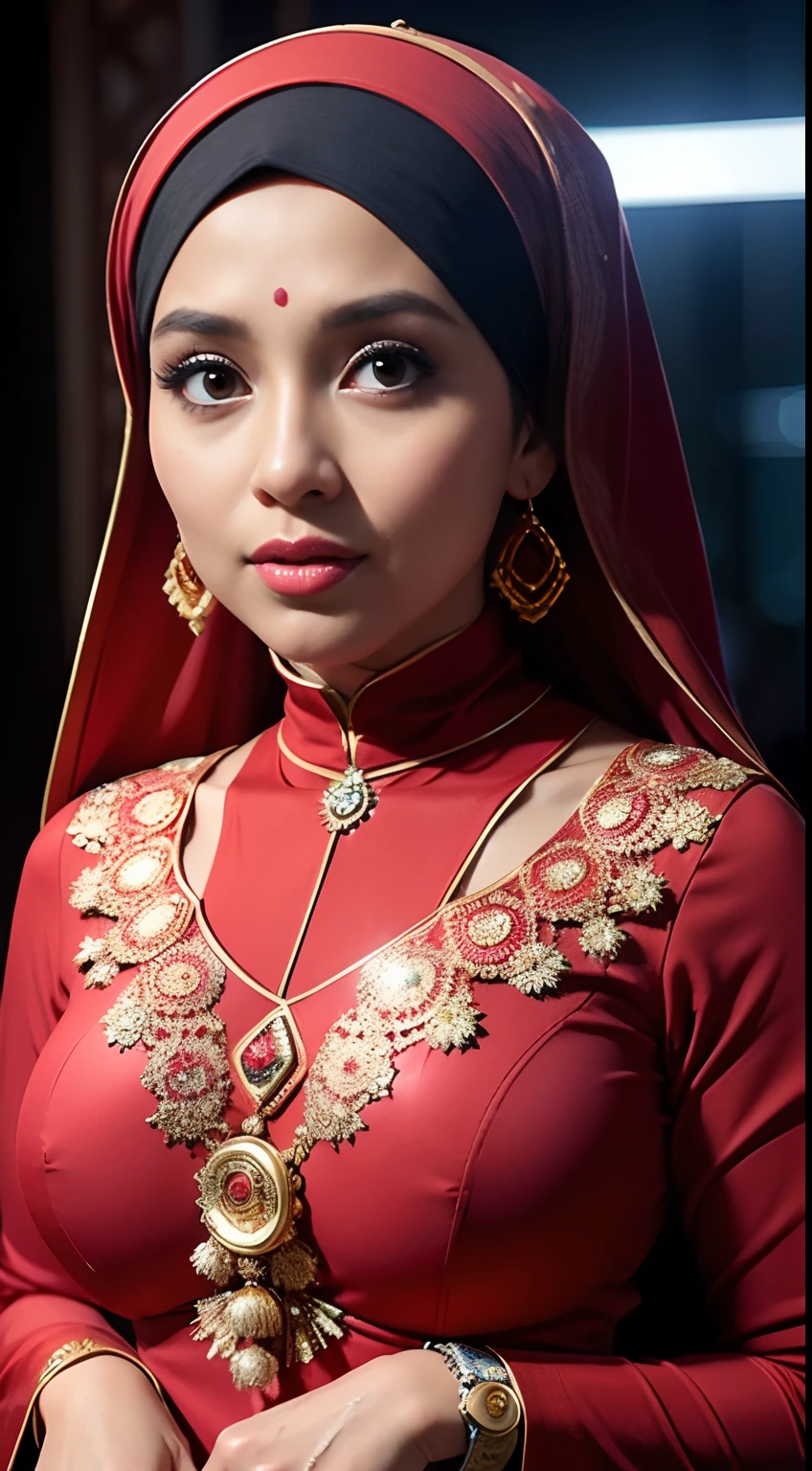 1 malay girl , modern plain hijab, shy, medium portrait shot , watery eyes , watery lips, big eyes, ((big breast )) , soft smile, full_body, woman malay in hijap, wearing java wedding woman in red long kebaya dress traditional, glossy lipstick, golden necklace, earrings, ornate,intricate decoration, detail, flowers, blurry background, soft focus