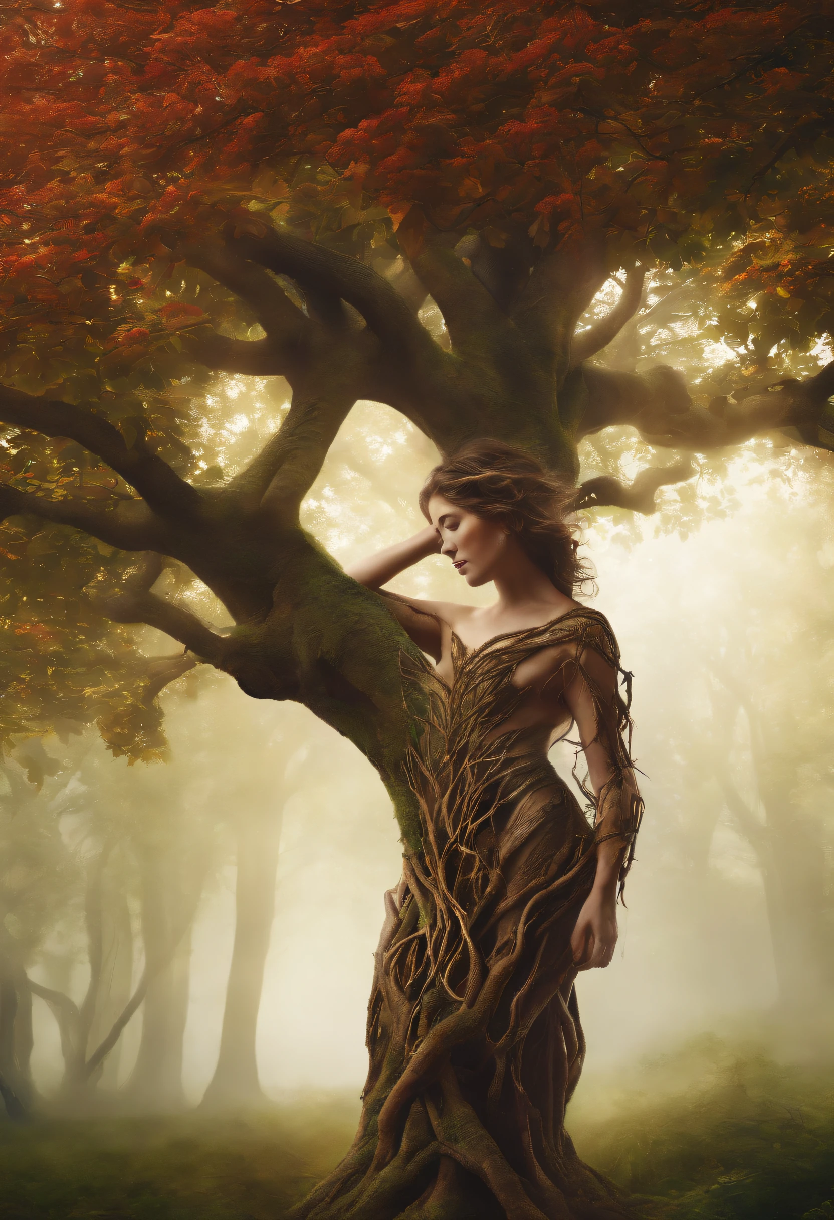 Albomorph The embrace of a woman's body turns into a lush tree, Roots as legs, Arm-like branches, Some leaves fly on a white background,l